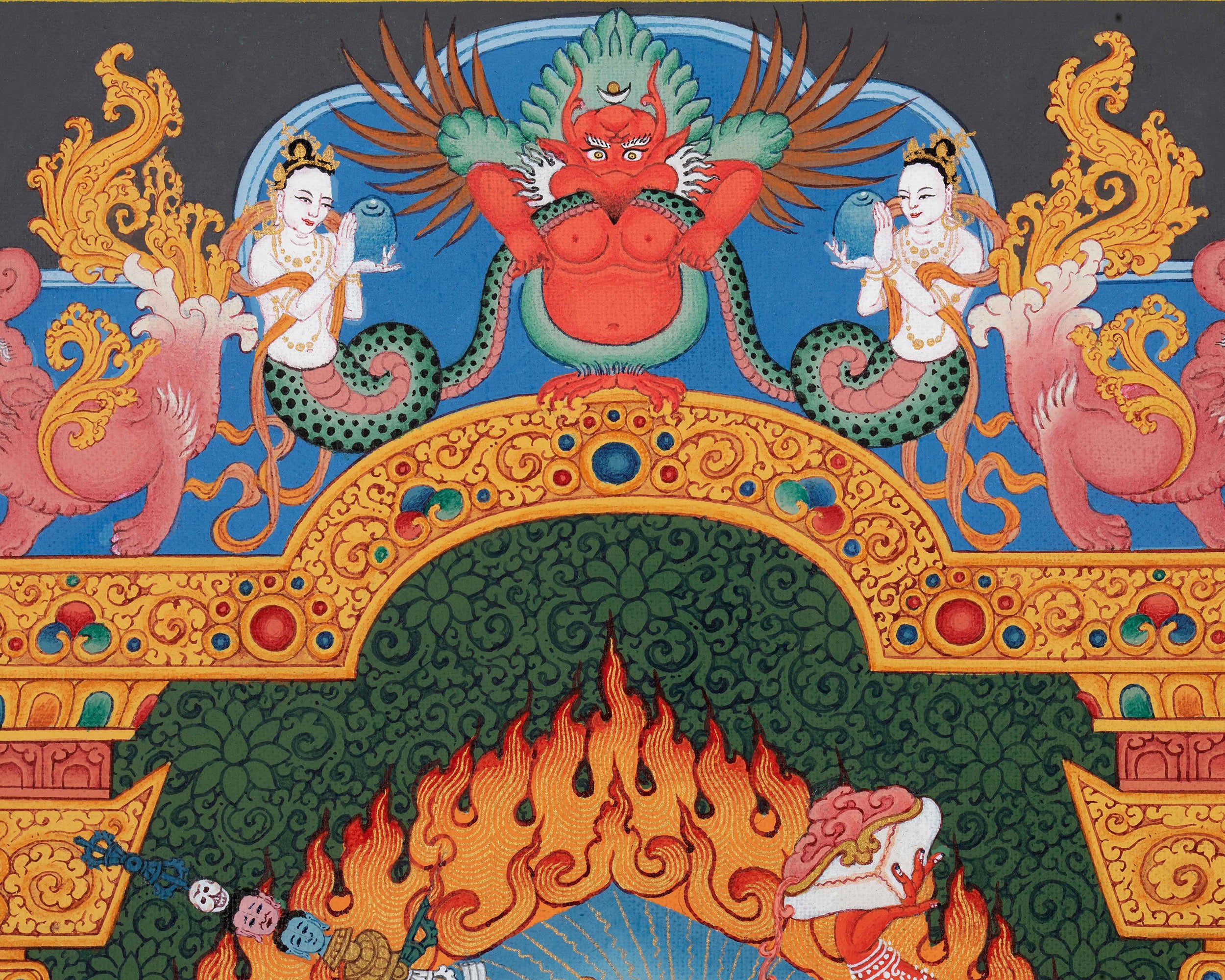 Vajrayogini Thangka Painting in Stone Color and 24K Gold, Rare Ancient 13 cent. Style