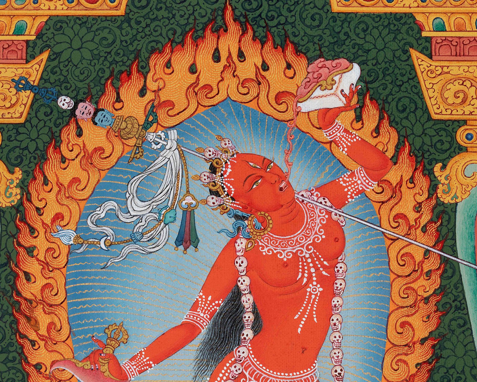 Vajrayogini Thangka Painting in Stone Color and 24K Gold, Rare Ancient 13 cent. Style