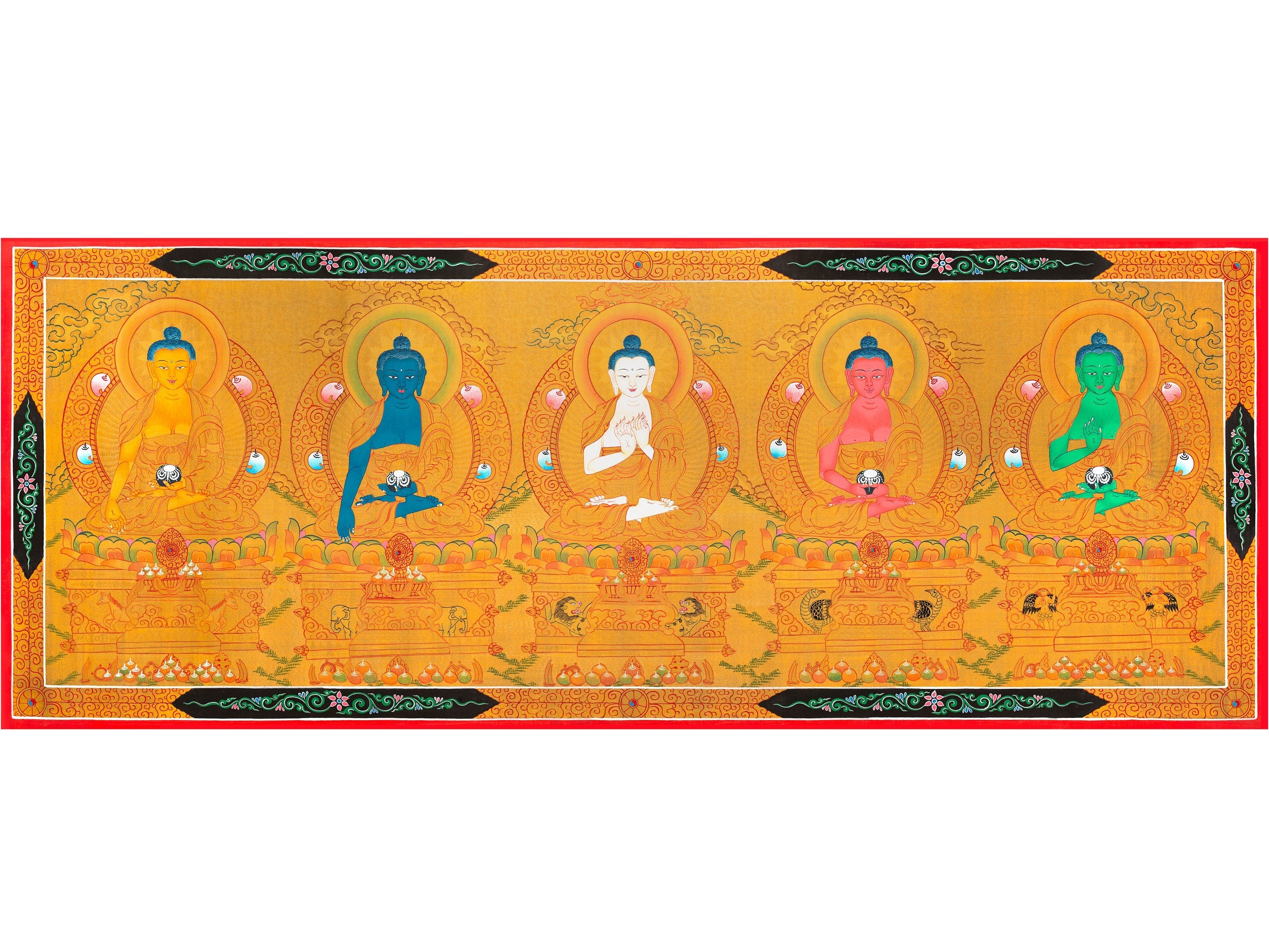 Five Dhyani Buddhas | Original Hand painted Five Buddhas Thanka Painting