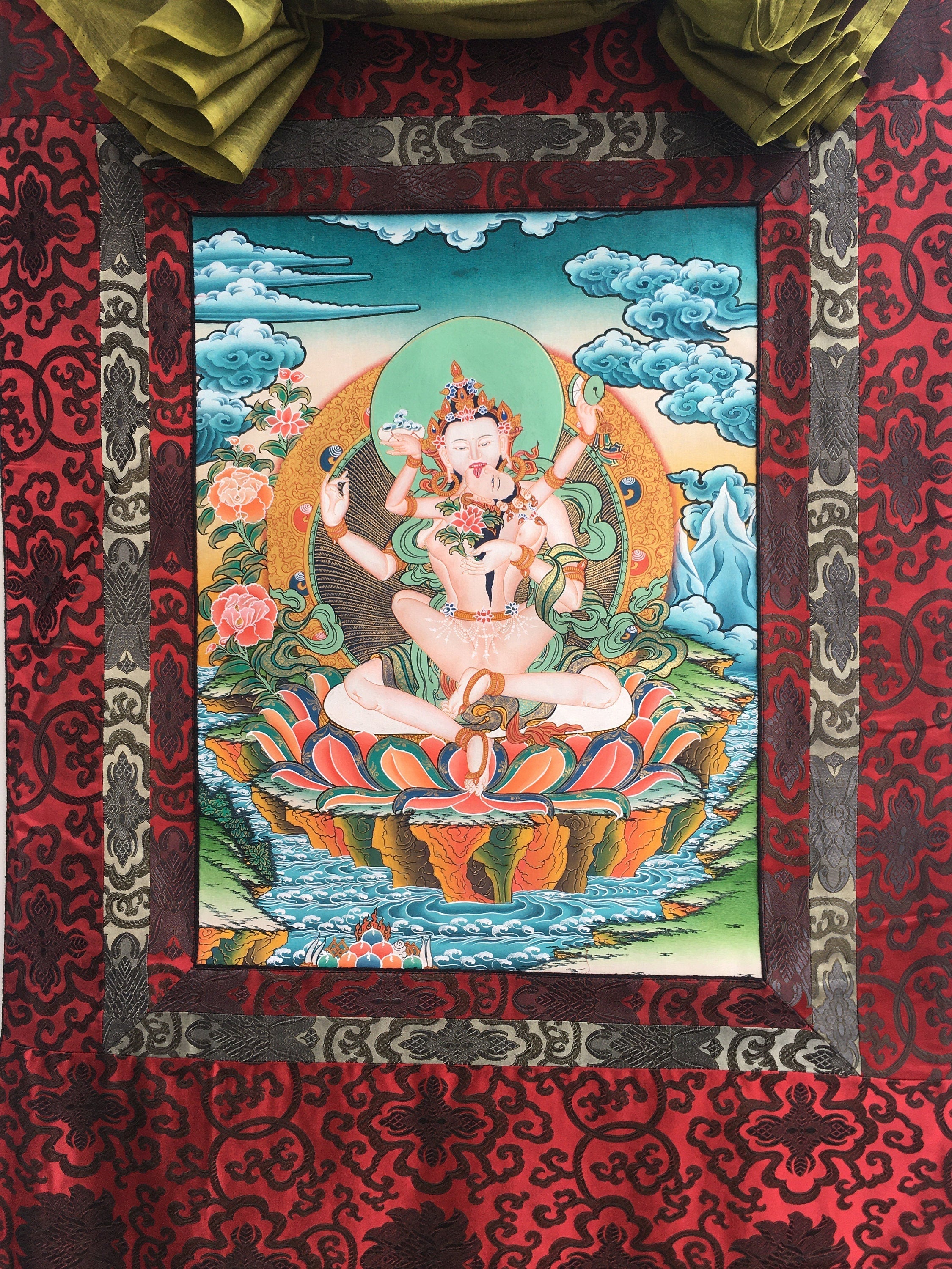 Sambhogakaya Yab Yum Thangka | Tibetan Thangka Painting for Wall Hanging