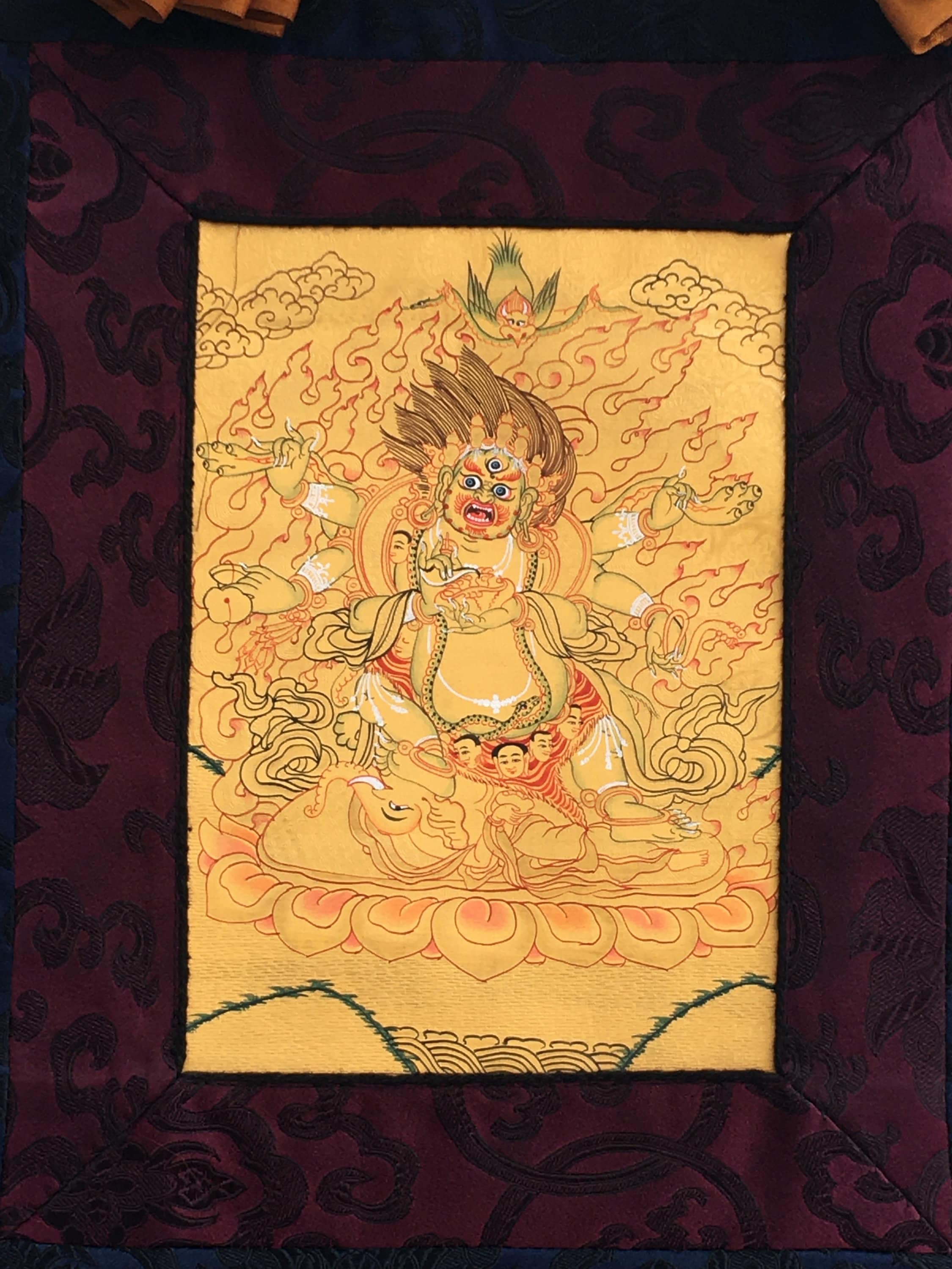 Six- Armed Mahakala| Hand Painted Buddhist Art | Brocade Mounted | Small Size Buddhist Painting for wall decoration and alter space