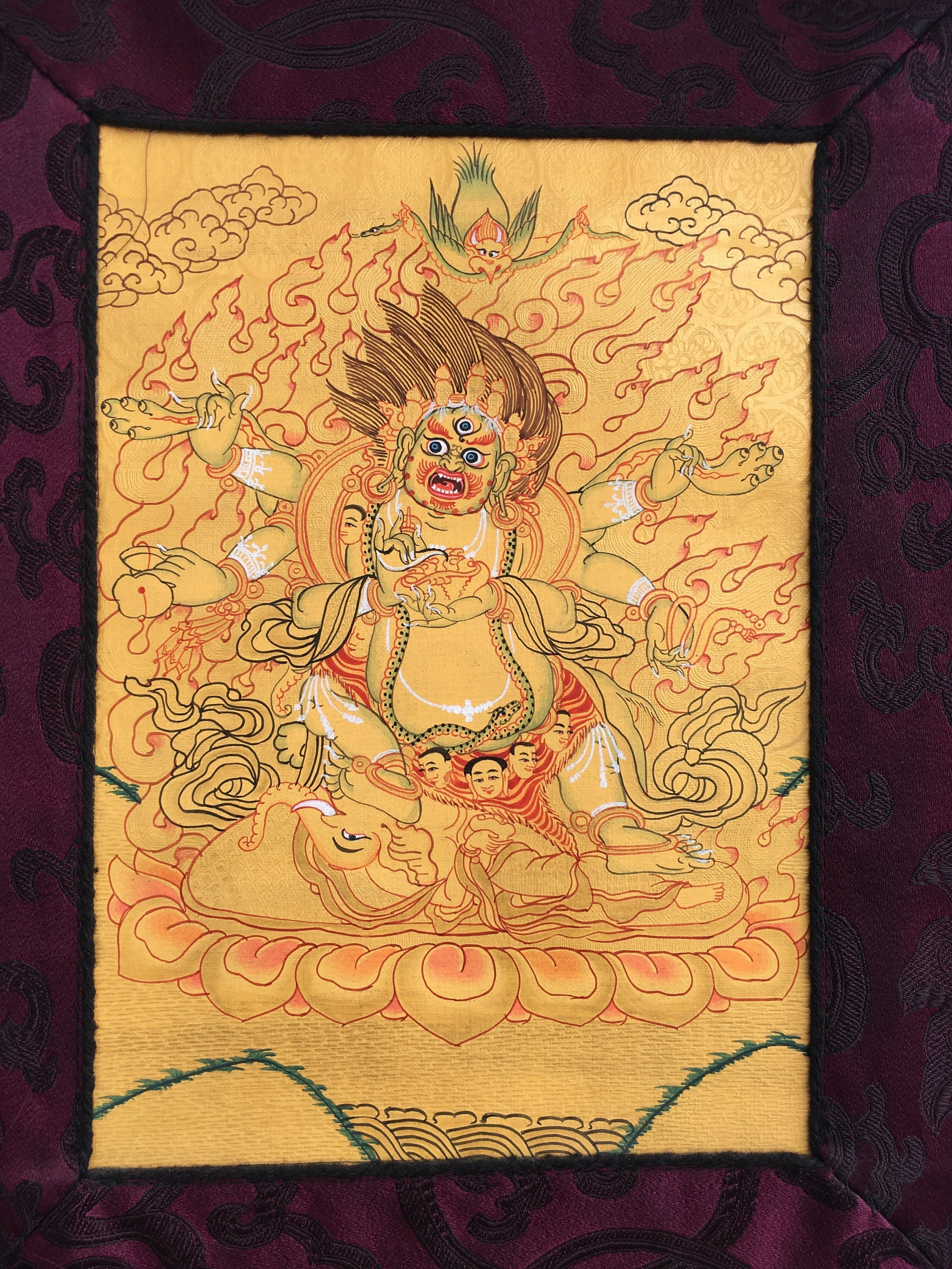 Six- Armed Mahakala| Hand Painted Buddhist Art | Brocade Mounted | Small Size Buddhist Painting for wall decoration and alter space
