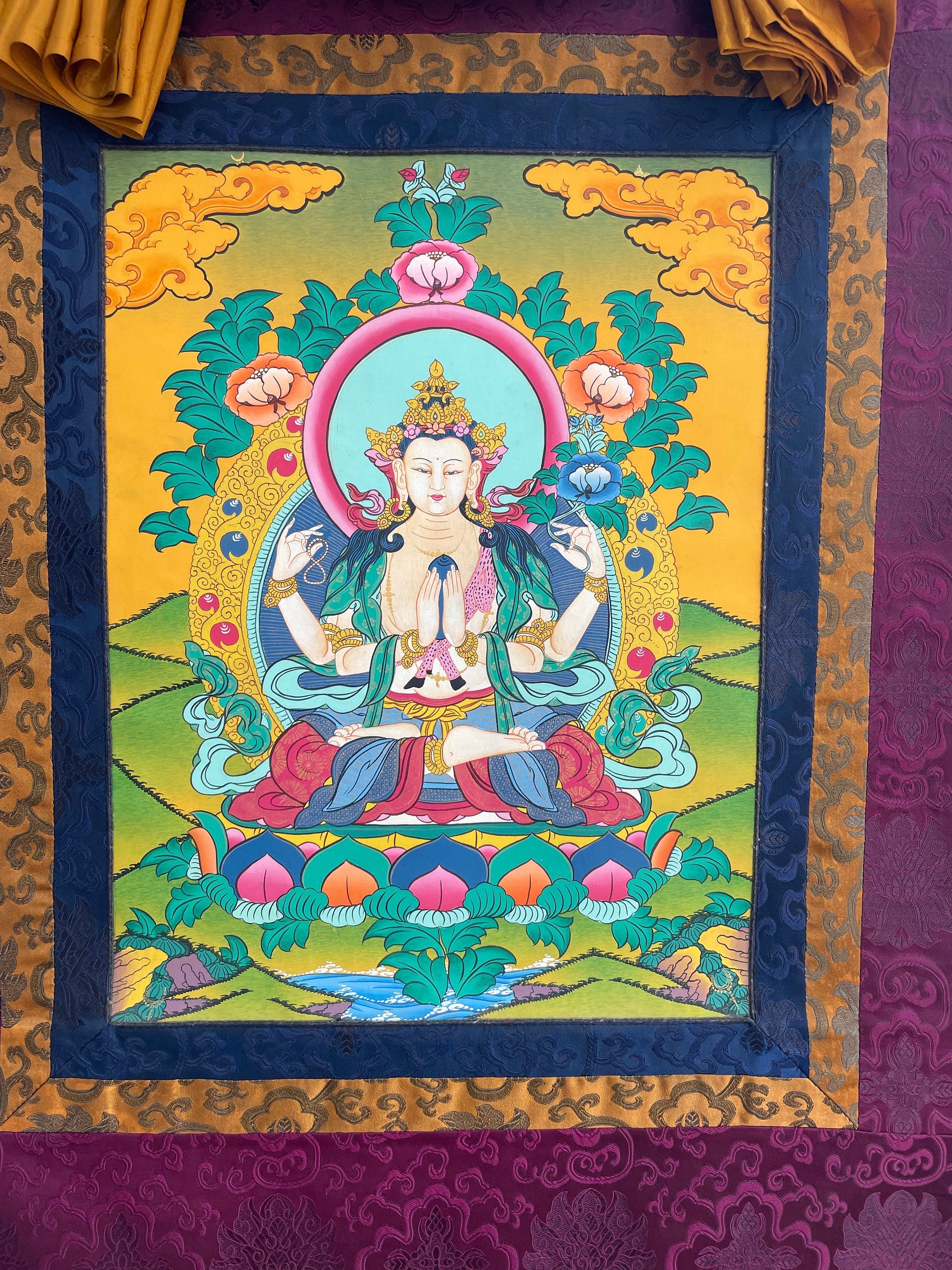 Hand-painted Chengrezig Thangka | Eternal Loving and Kindness