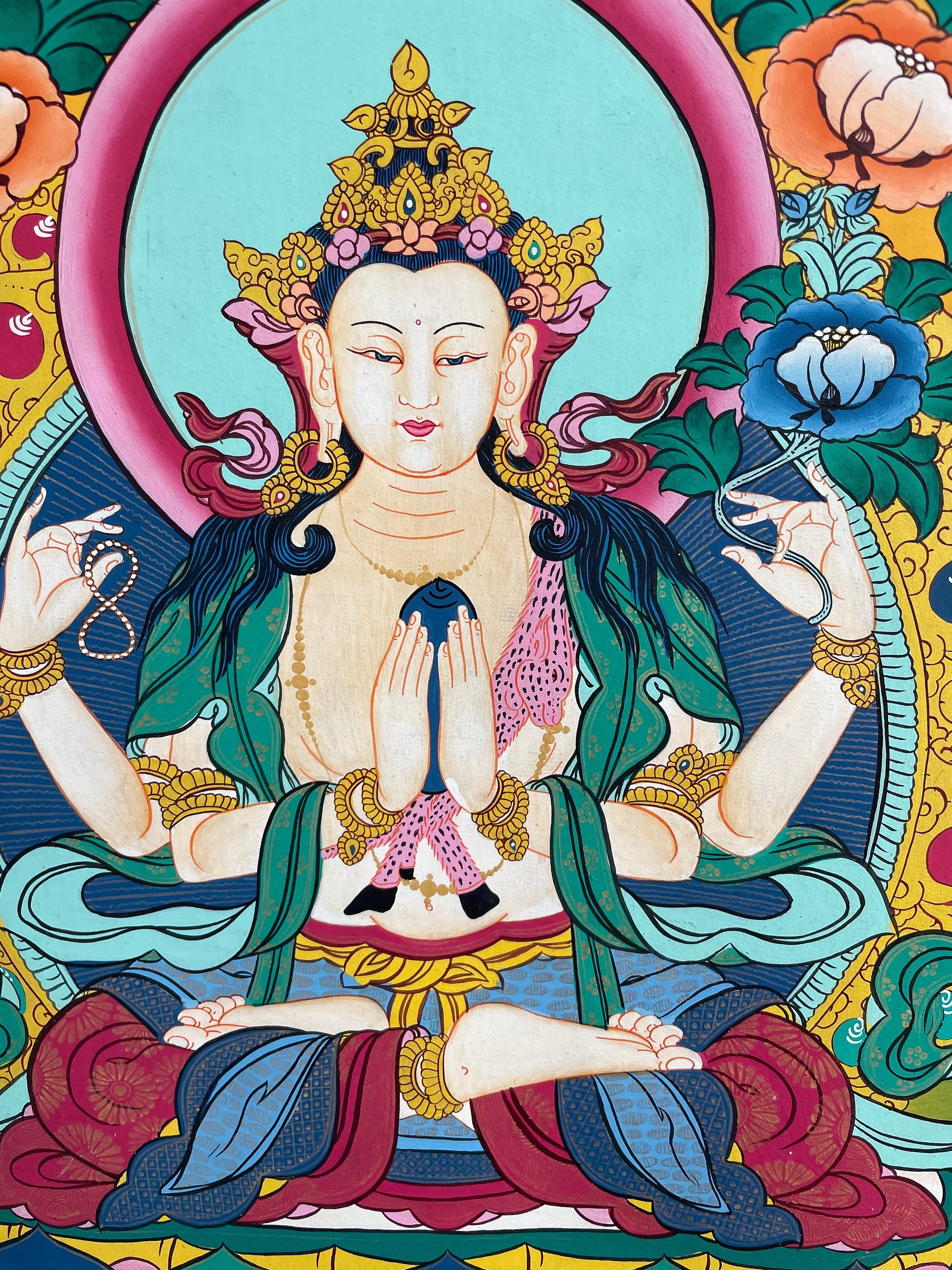 Hand-painted Chengrezig Thangka | Eternal Loving and Kindness