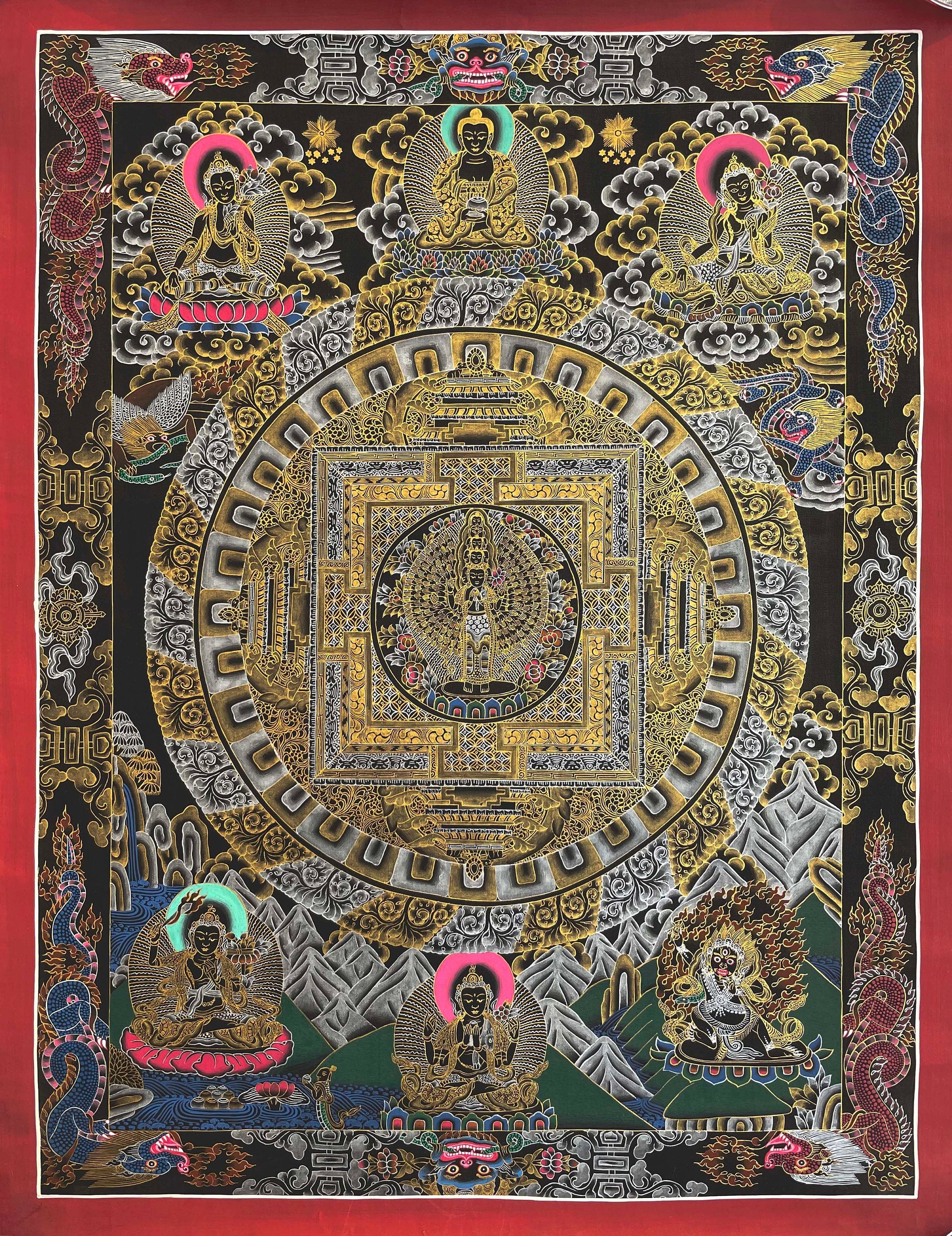 Lokeshvara Mandala Thangka | Black and Gold Tibetan Buddhist Wall Hanging Art