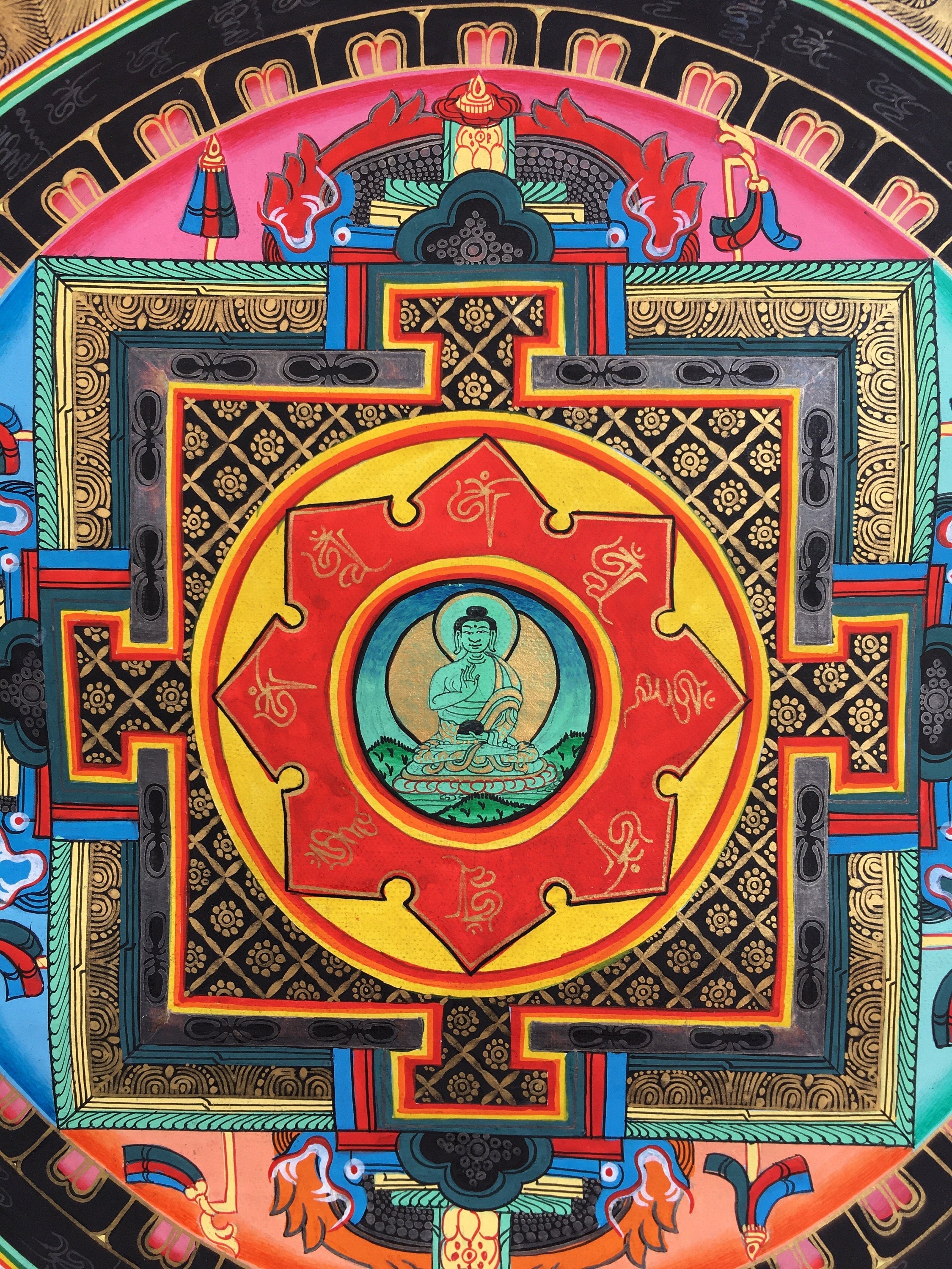 Brocade Mounted Mandala With Amoghsiddhi | Wall Hanging Mandala Art