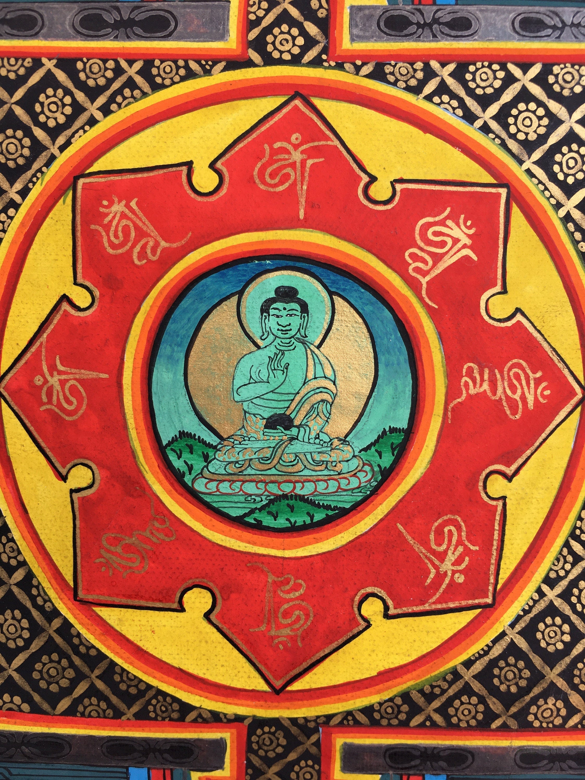 Brocade Mounted Mandala With Amoghsiddhi | Wall Hanging Mandala Art