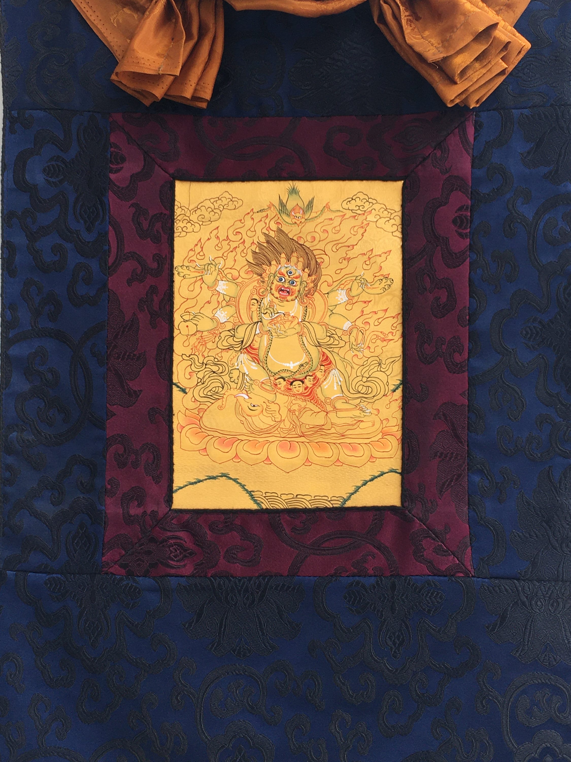 Six- Armed Mahakala| Hand Painted Buddhist Art | Brocade Mounted | Small Size Buddhist Painting for wall decoration and alter space