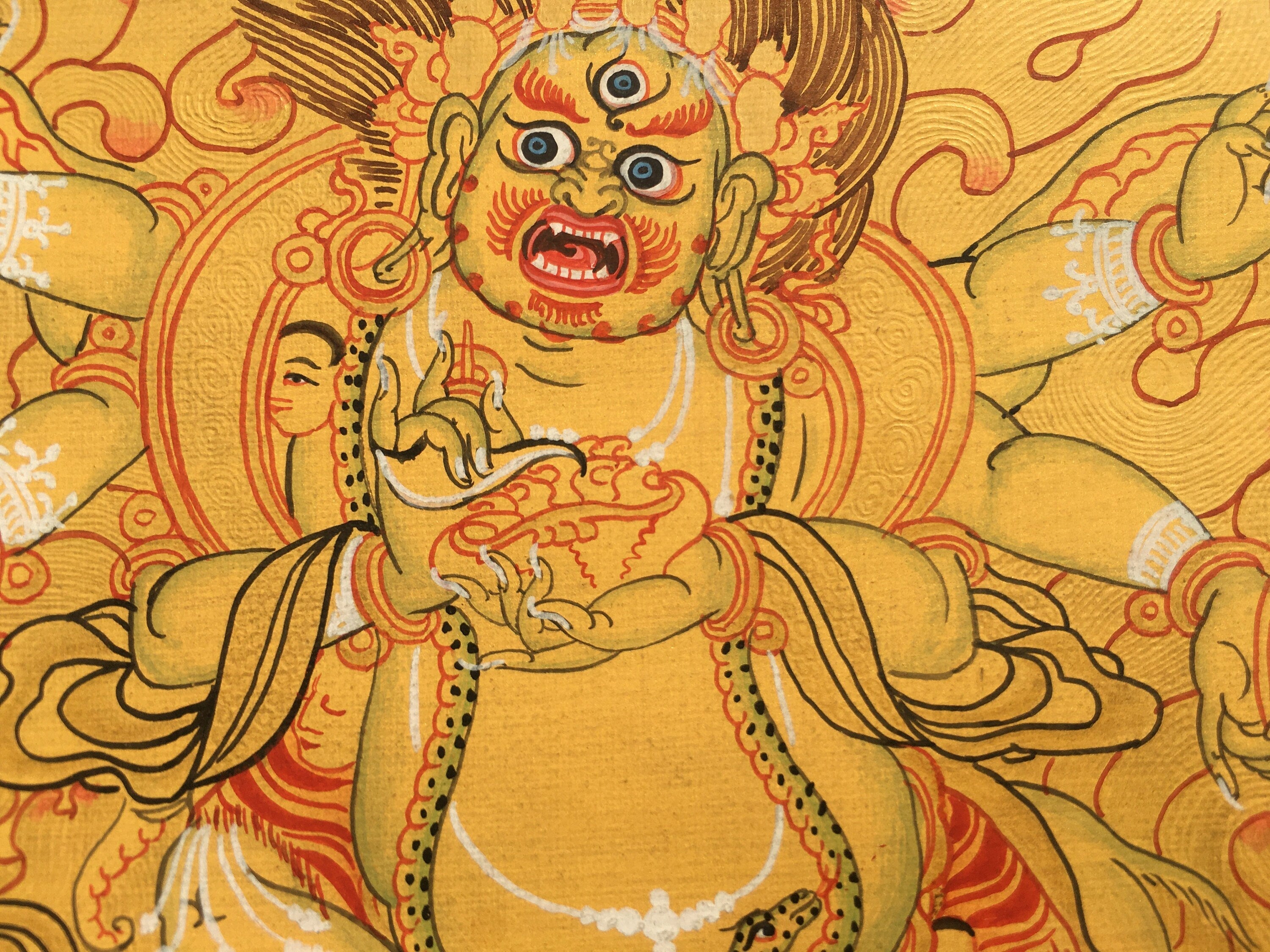 Six- Armed Mahakala| Hand Painted Buddhist Art | Brocade Mounted | Small Size Buddhist Painting for wall decoration and alter space