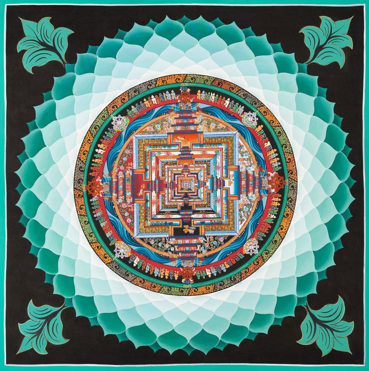 Green Kalachakra Mandala | Original Hand Painted Tibetan Wheel Of Time Wheel Of time Thangka Painting | Buddhist Wall Decoration Painting