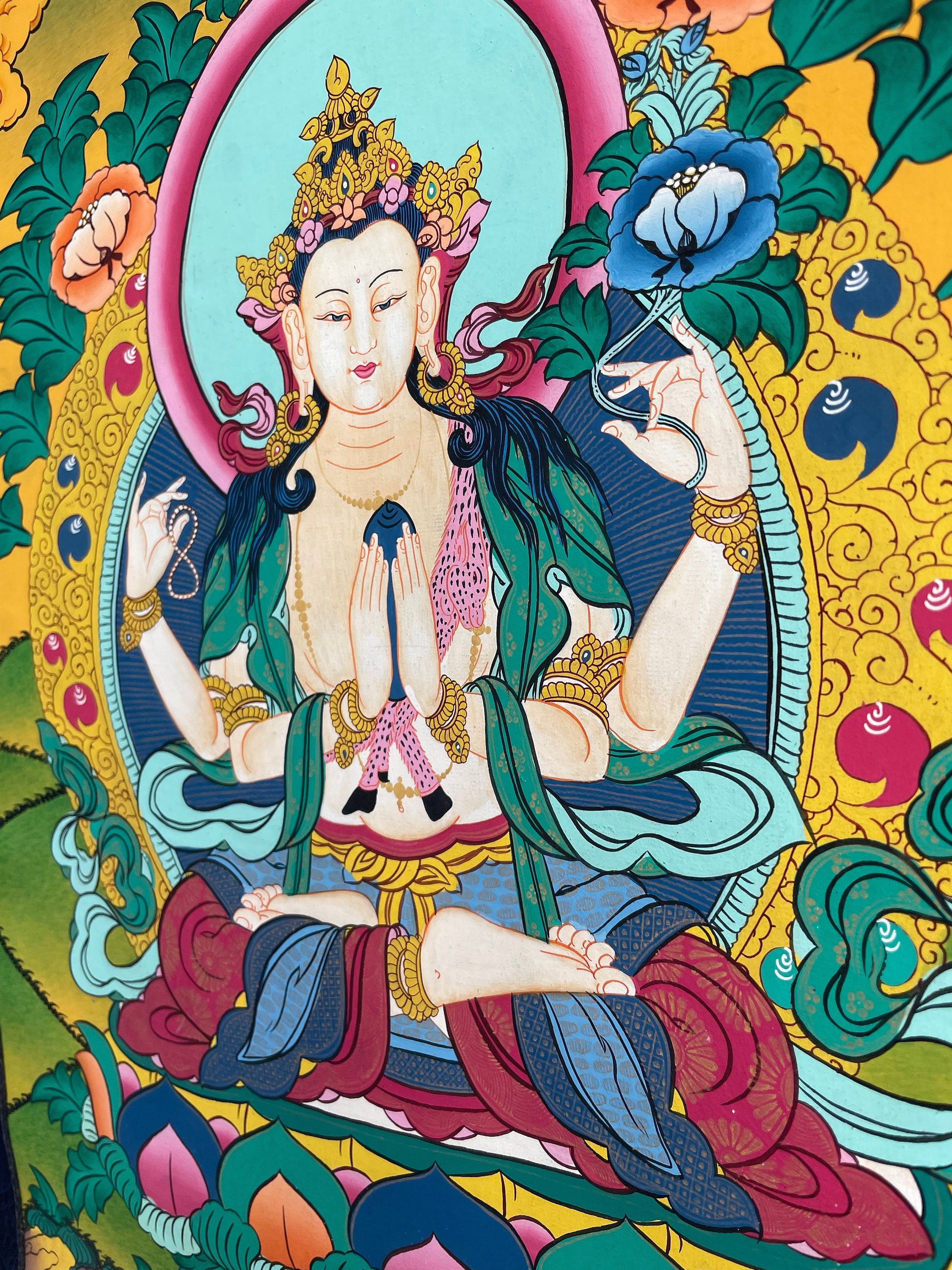 Hand-painted Chengrezig Thangka | Eternal Loving and Kindness