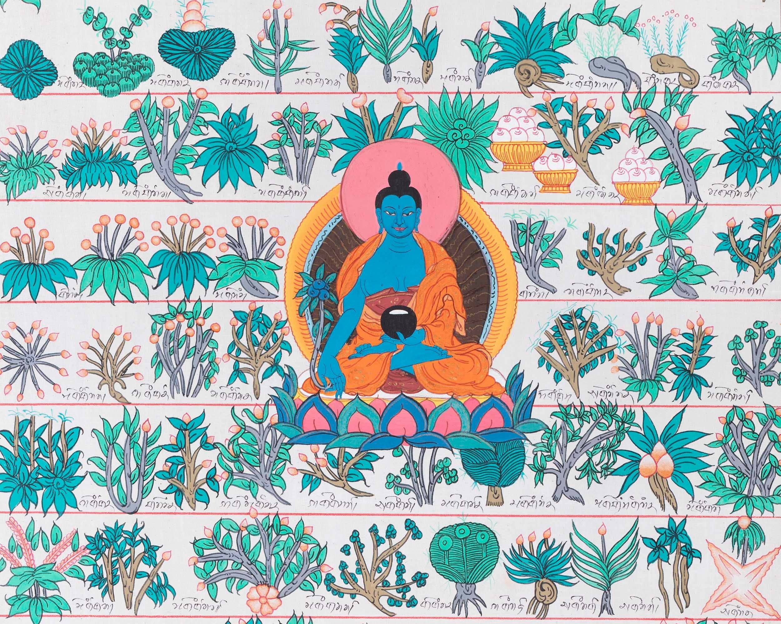 Tibetan Medicinal Herbs and Plants Thangka | Medicinal Painting
