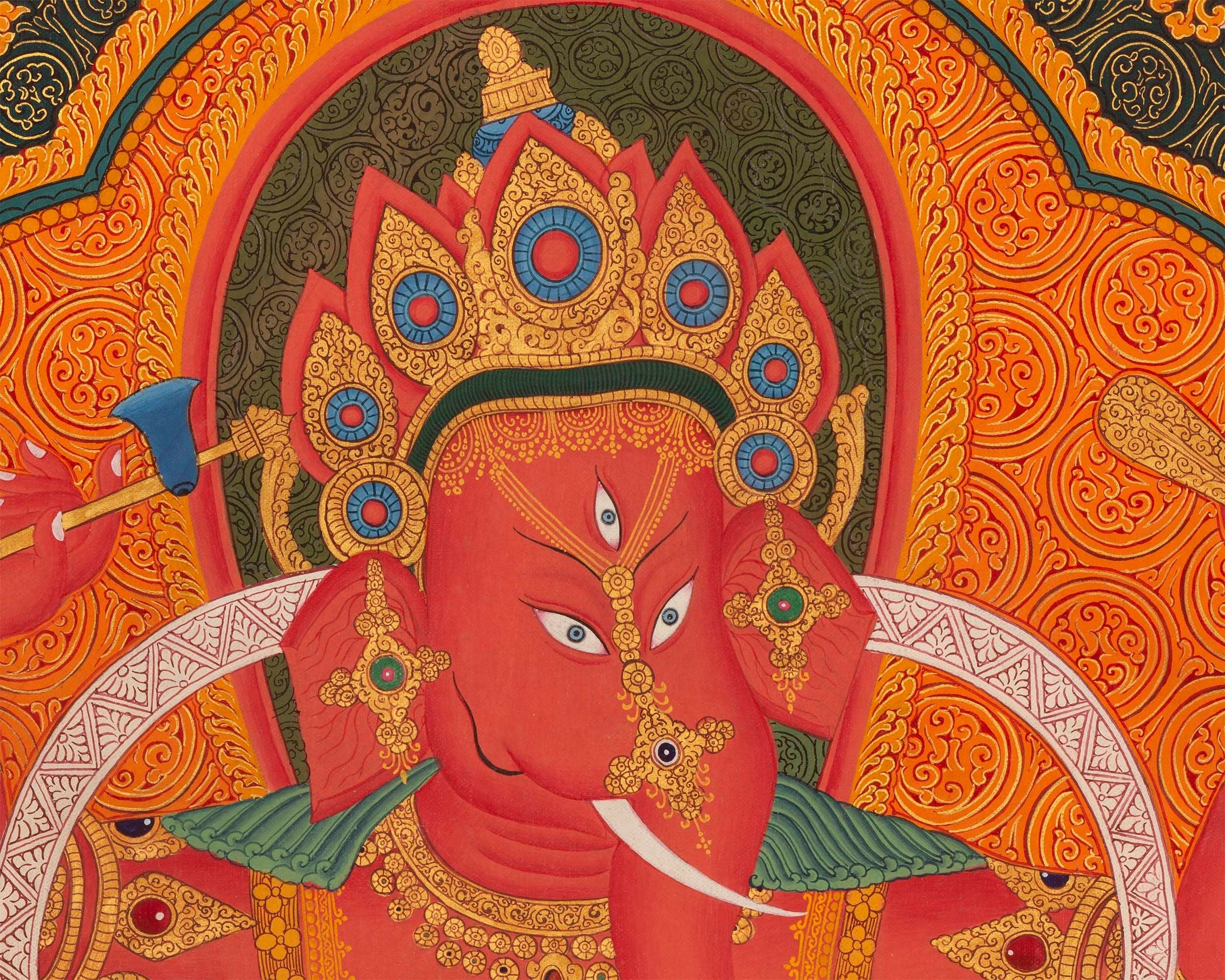 Ganapati Thangka Painting | Handmade Buddhist Sakya Red Ganesha