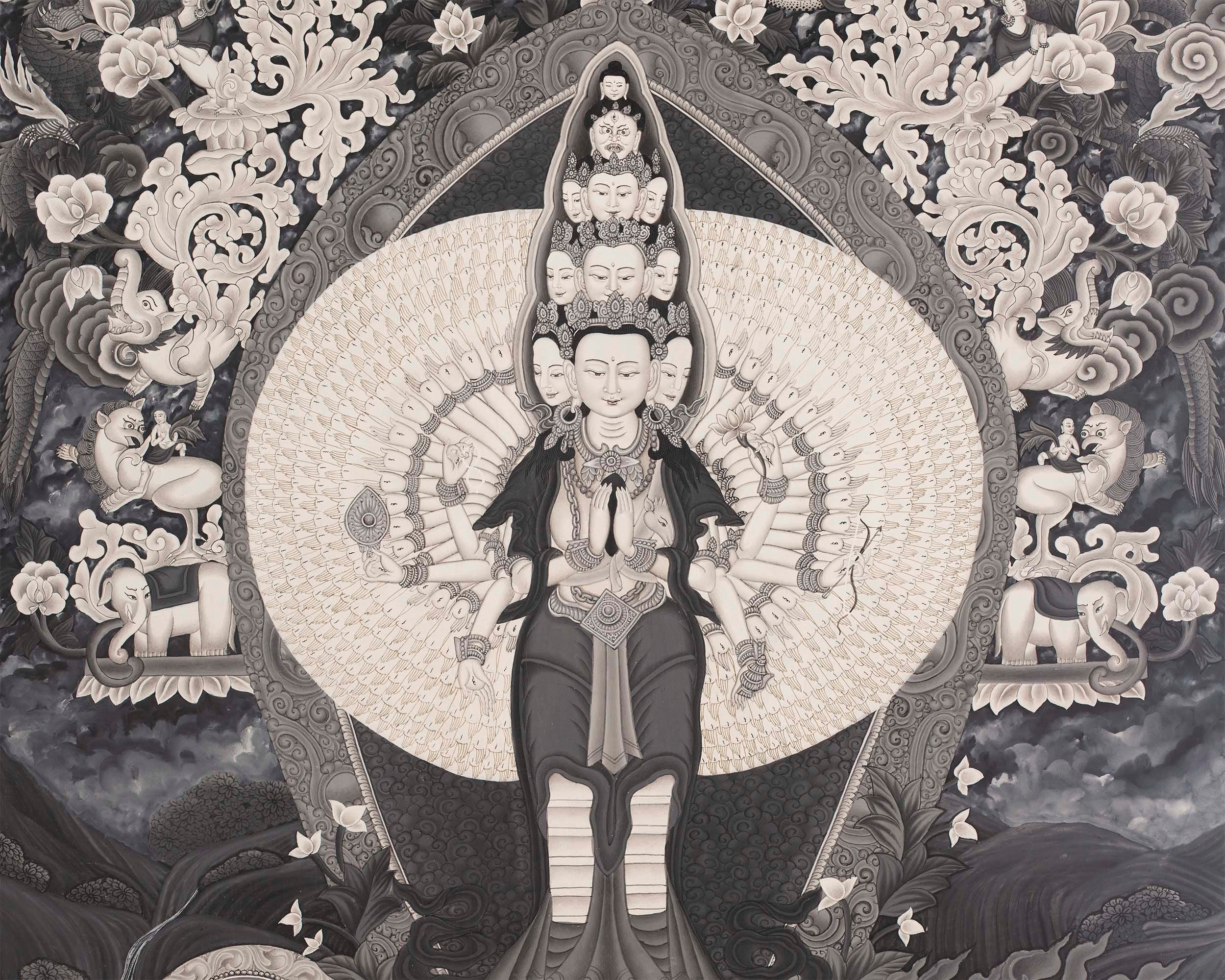 Avalokiteshvara Bodhisattva | Black White Painting Thangka