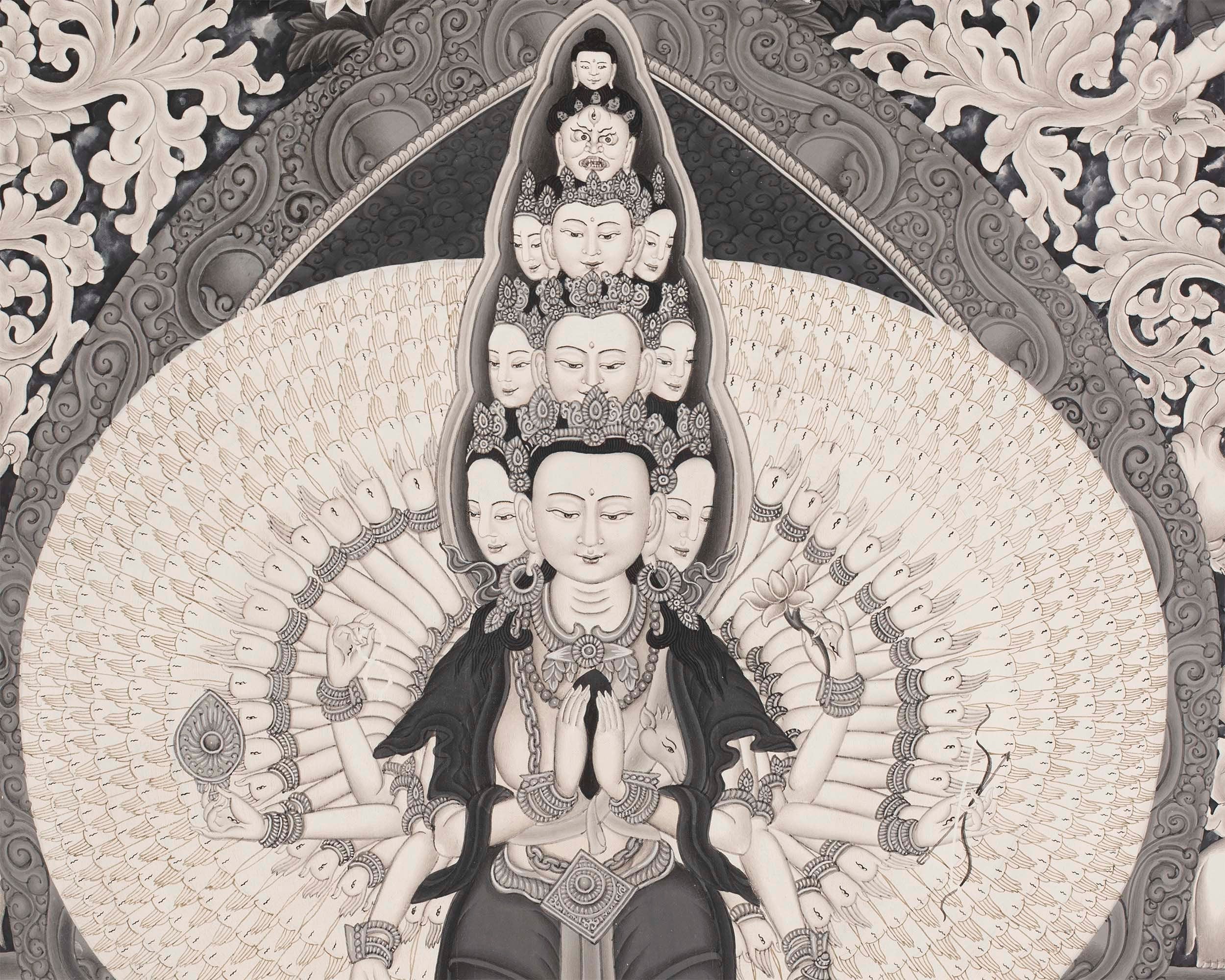 Avalokiteshvara Bodhisattva | Black White Painting Thangka