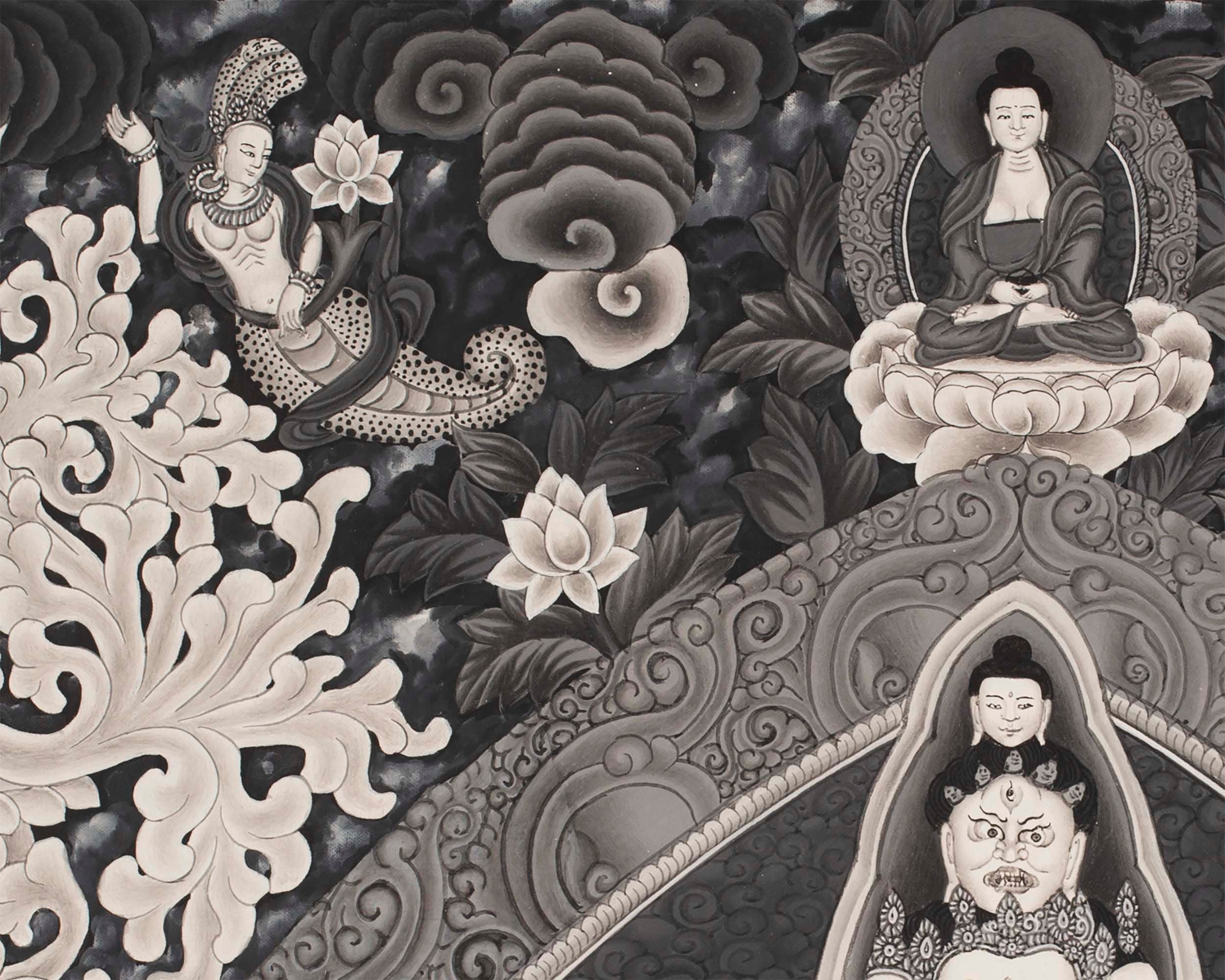 Avalokiteshvara Bodhisattva | Black White Painting Thangka