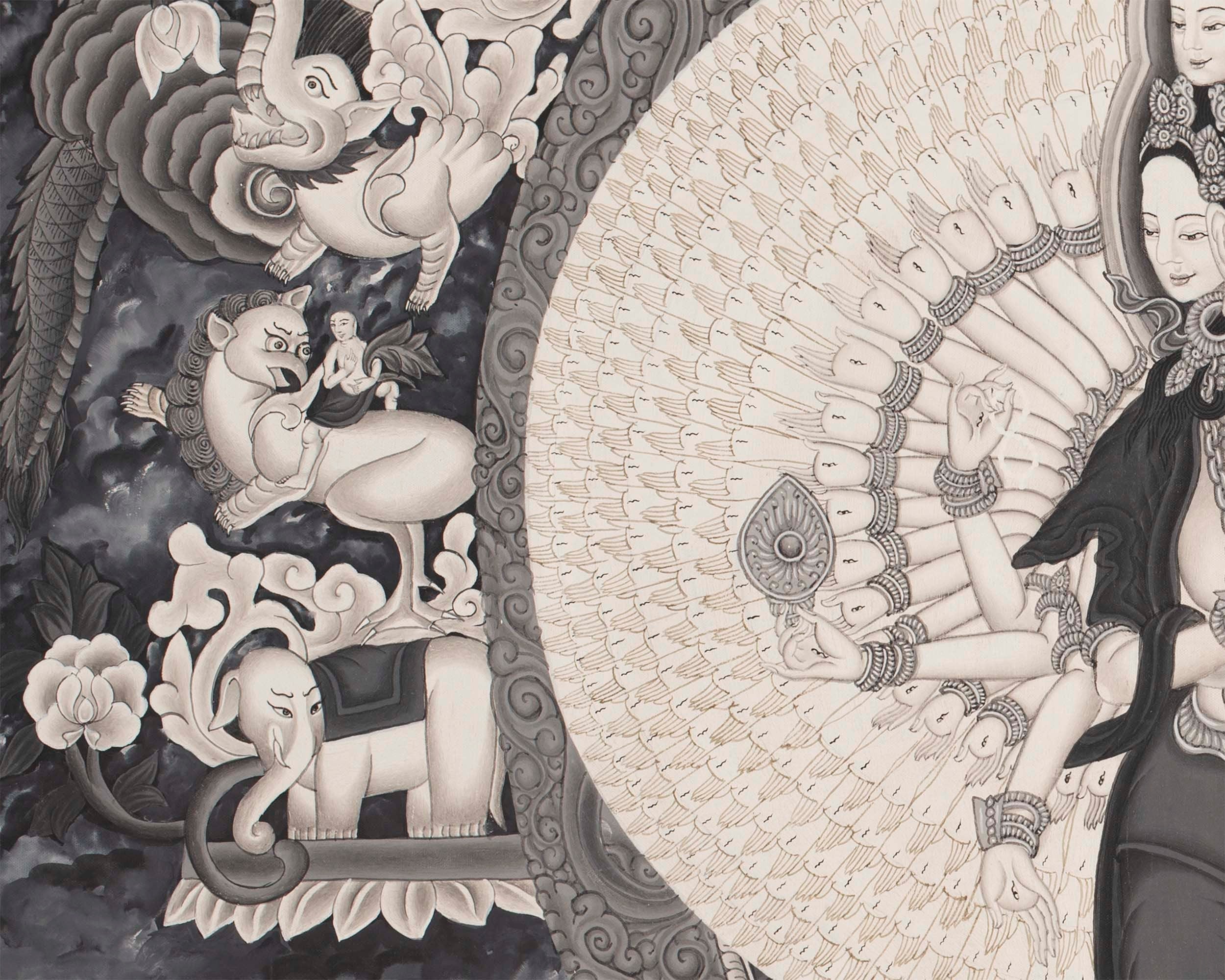 Avalokiteshvara Bodhisattva | Black White Painting Thangka
