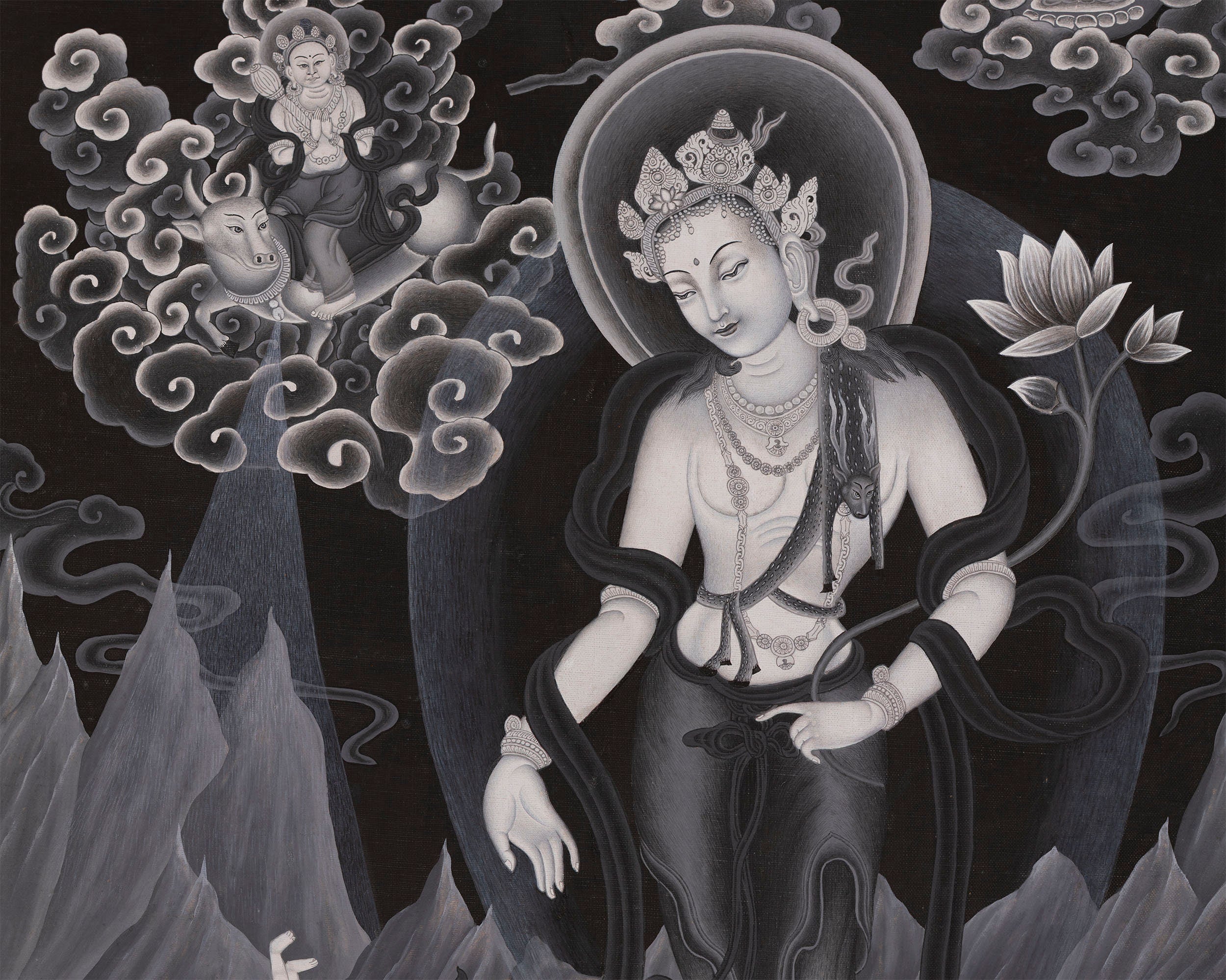 Padmapani Avalokiteshvara Thangka Painting | Black and White Buddhist Art