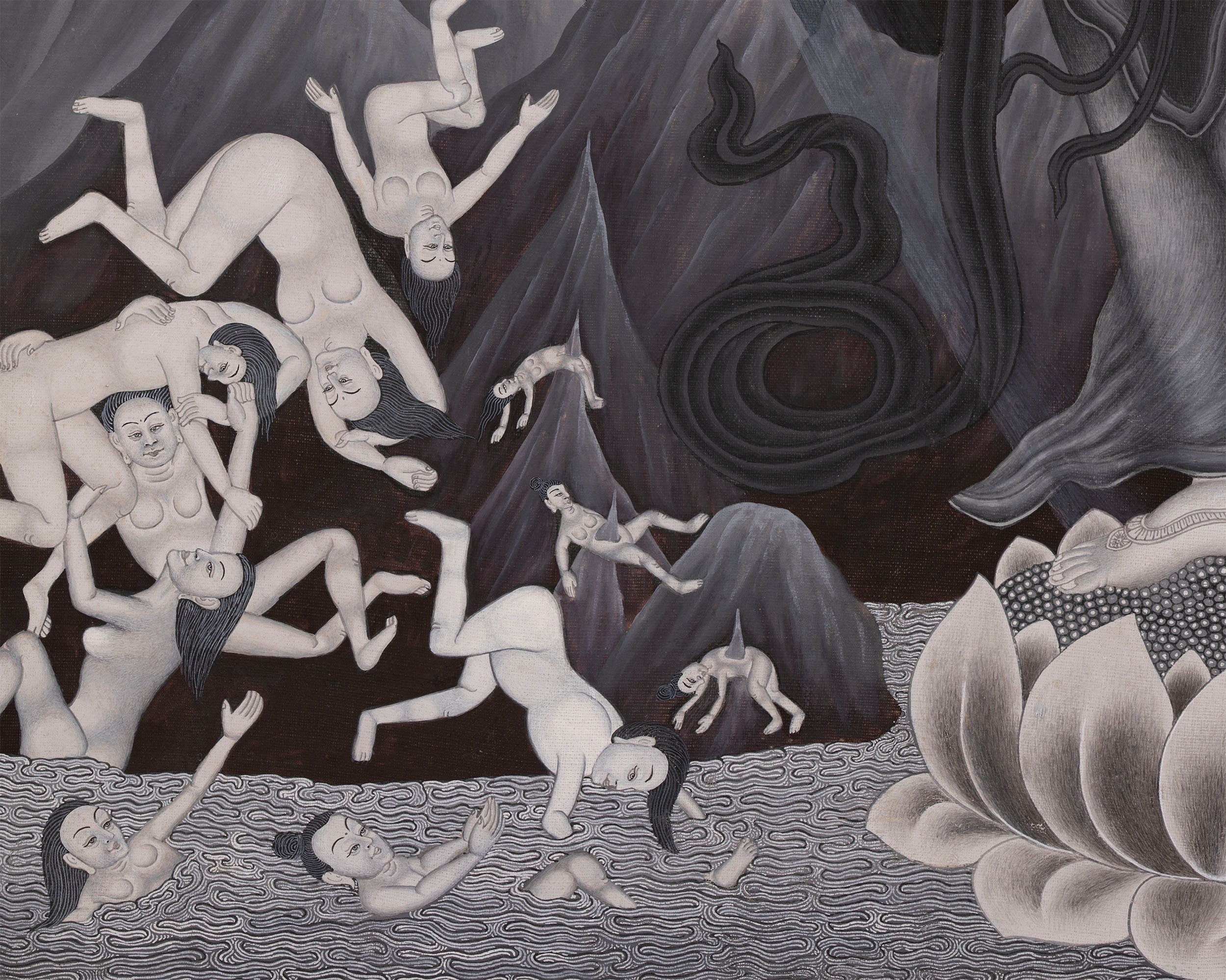 Padmapani Avalokiteshvara Thangka Painting | Black and White Buddhist Art