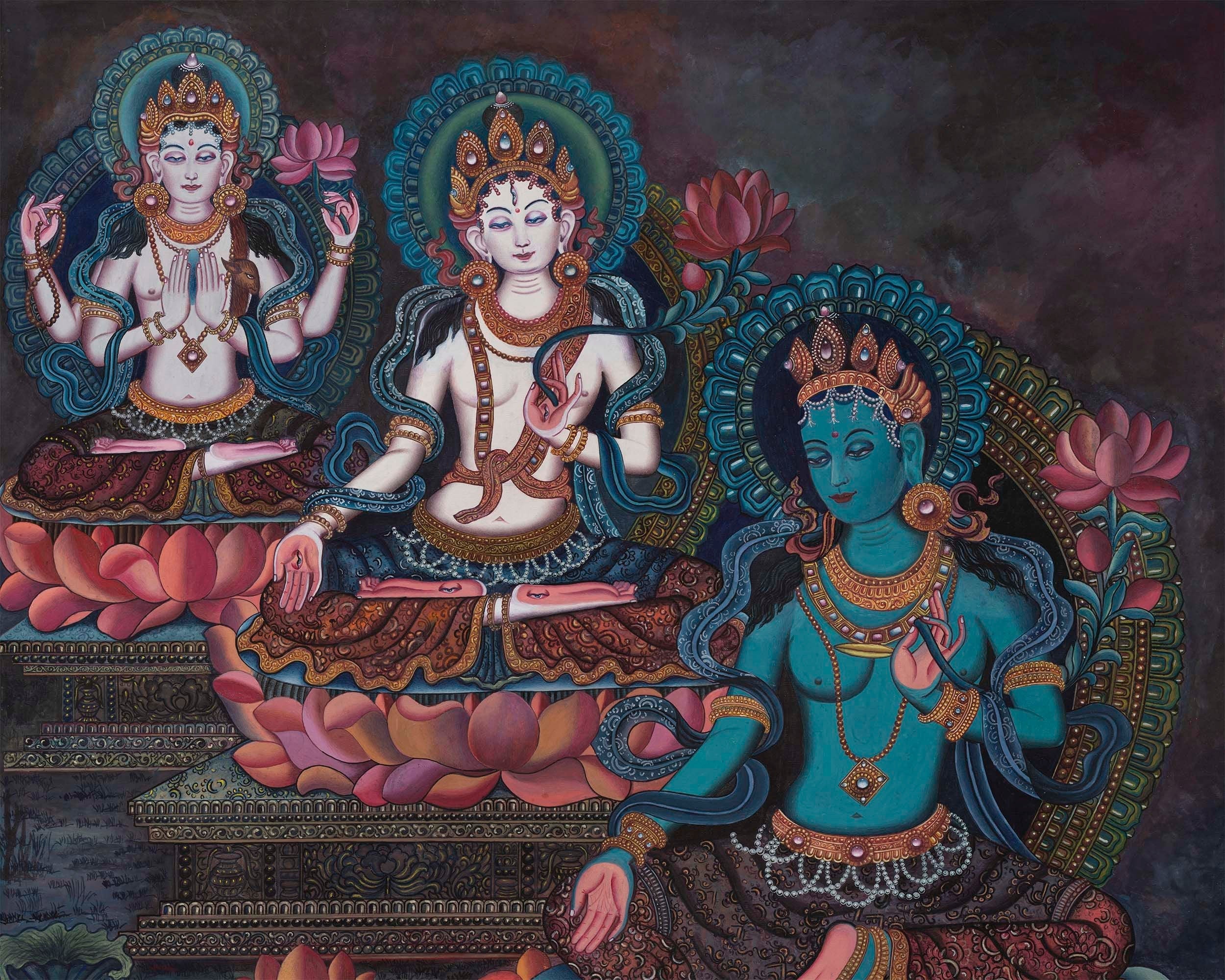 Handpainted Boddhisattvas Thangka | Chenrezig, White, and Green Tara | Artwork