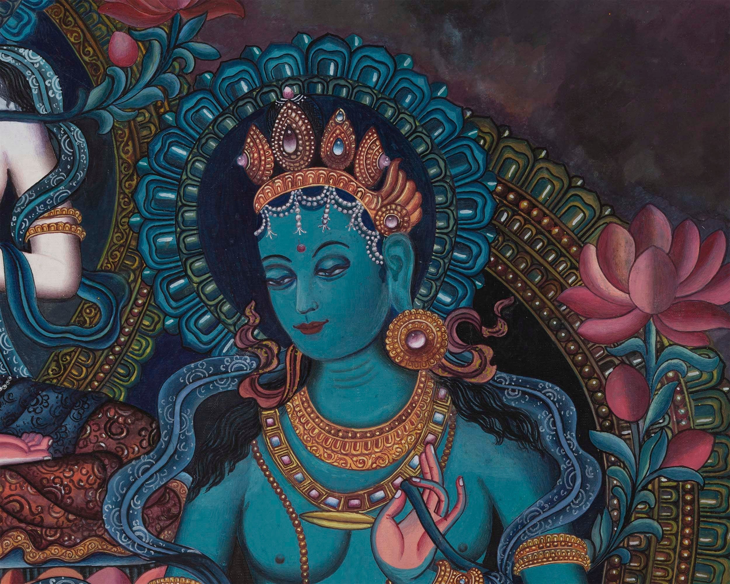 Handpainted Boddhisattvas Thangka | Chenrezig, White, and Green Tara | Artwork