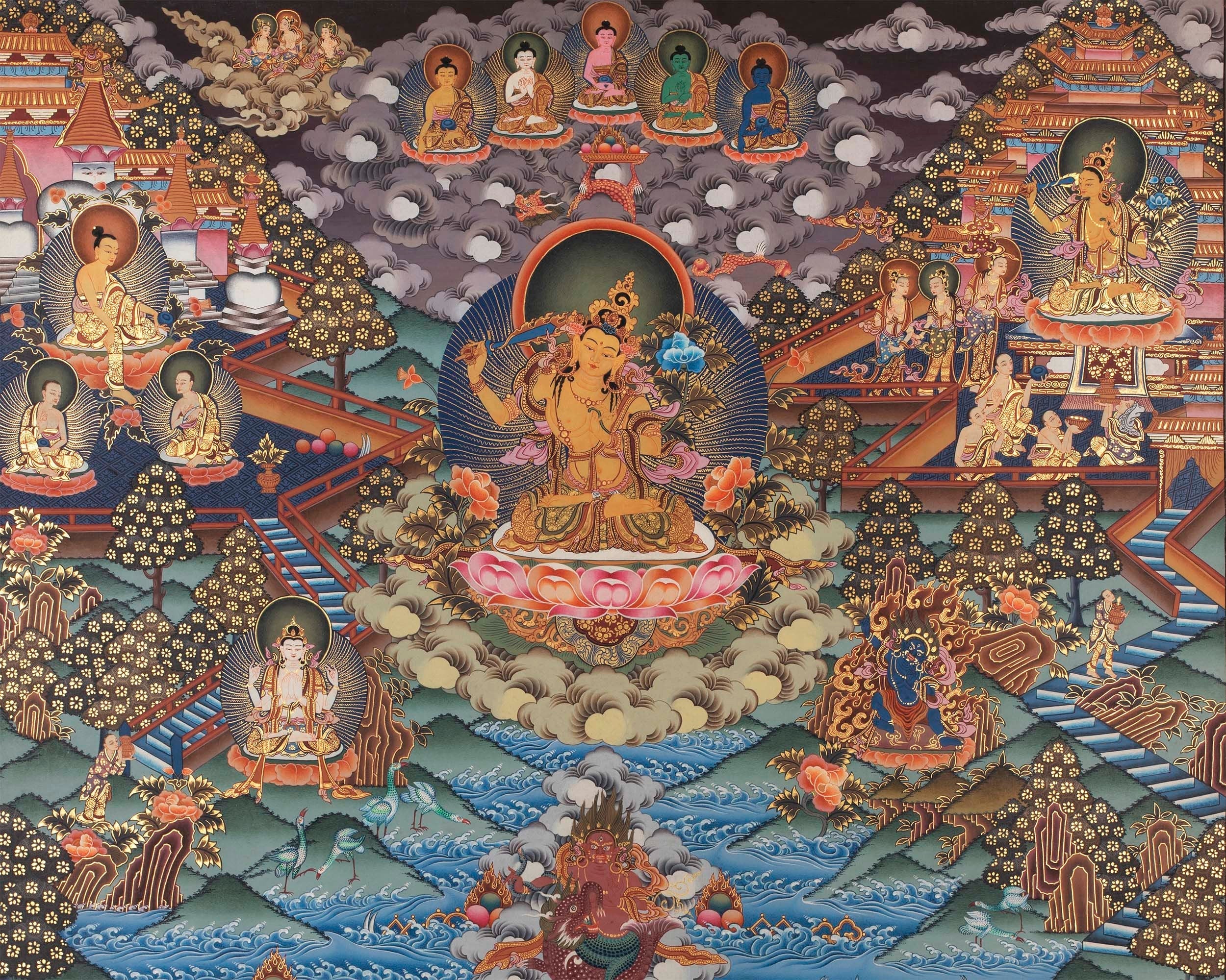 Manjushri and Kathmandu | Swayambhu Folk Lore Representation | Vintage Thangka Painting