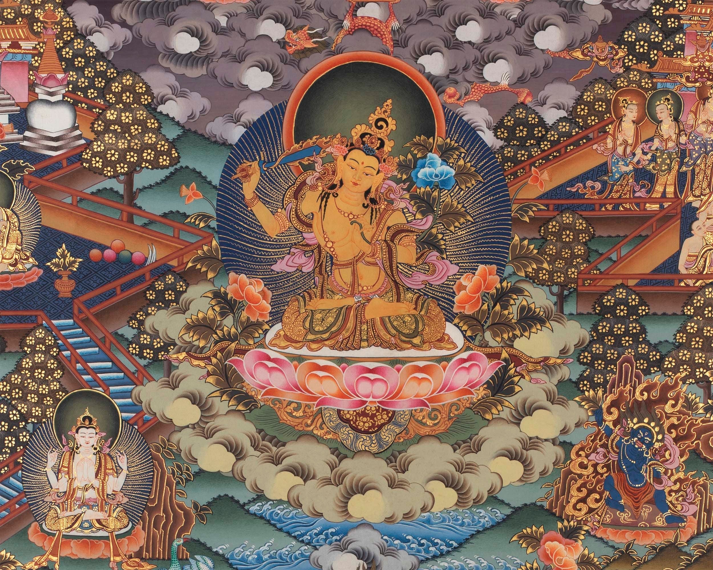 Manjushri and Kathmandu | Swayambhu Folk Lore Representation | Vintage Thangka Painting