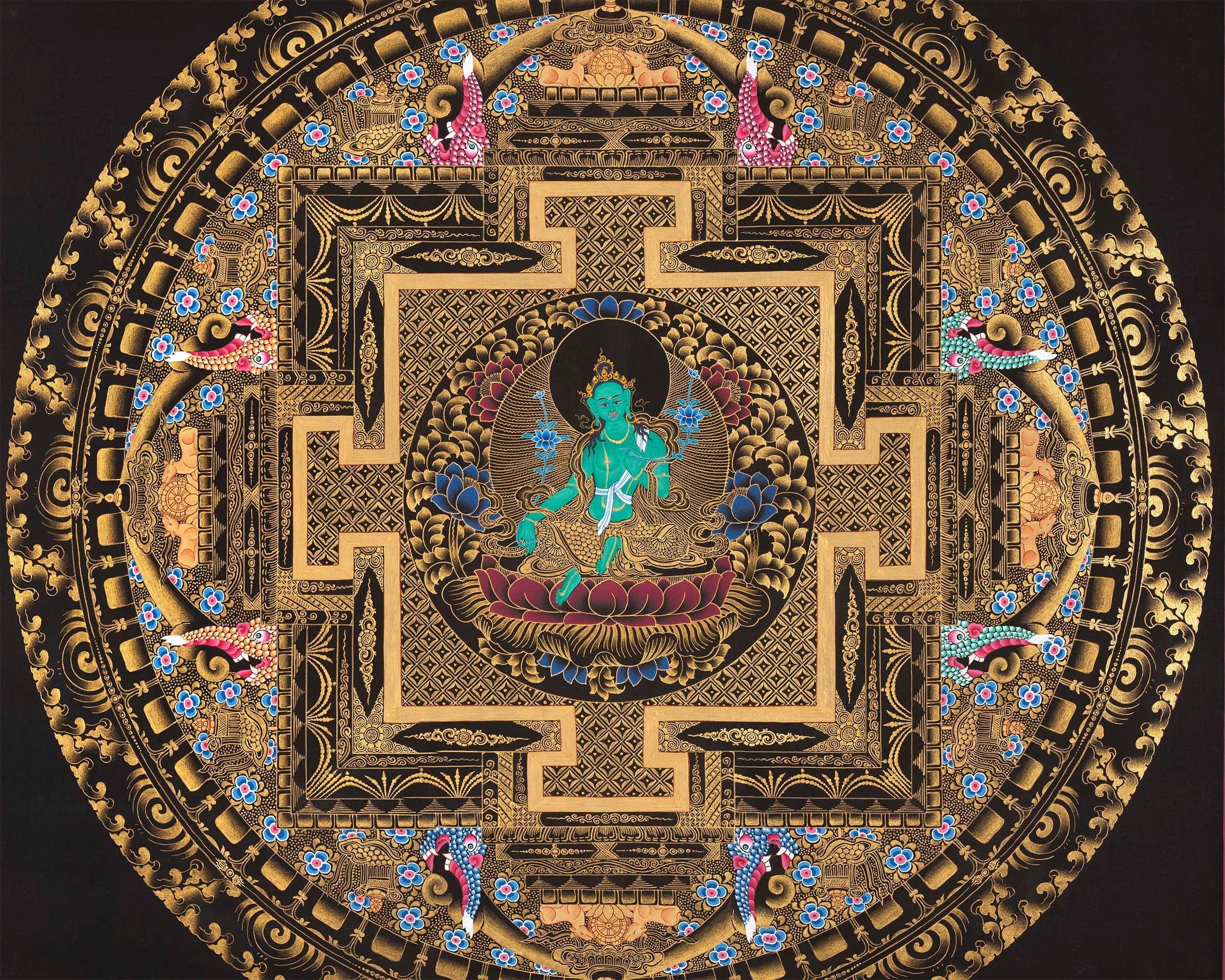 Green Tara Mandala Thangka | Wheel Of Time | Wall Hanging Religious Decor