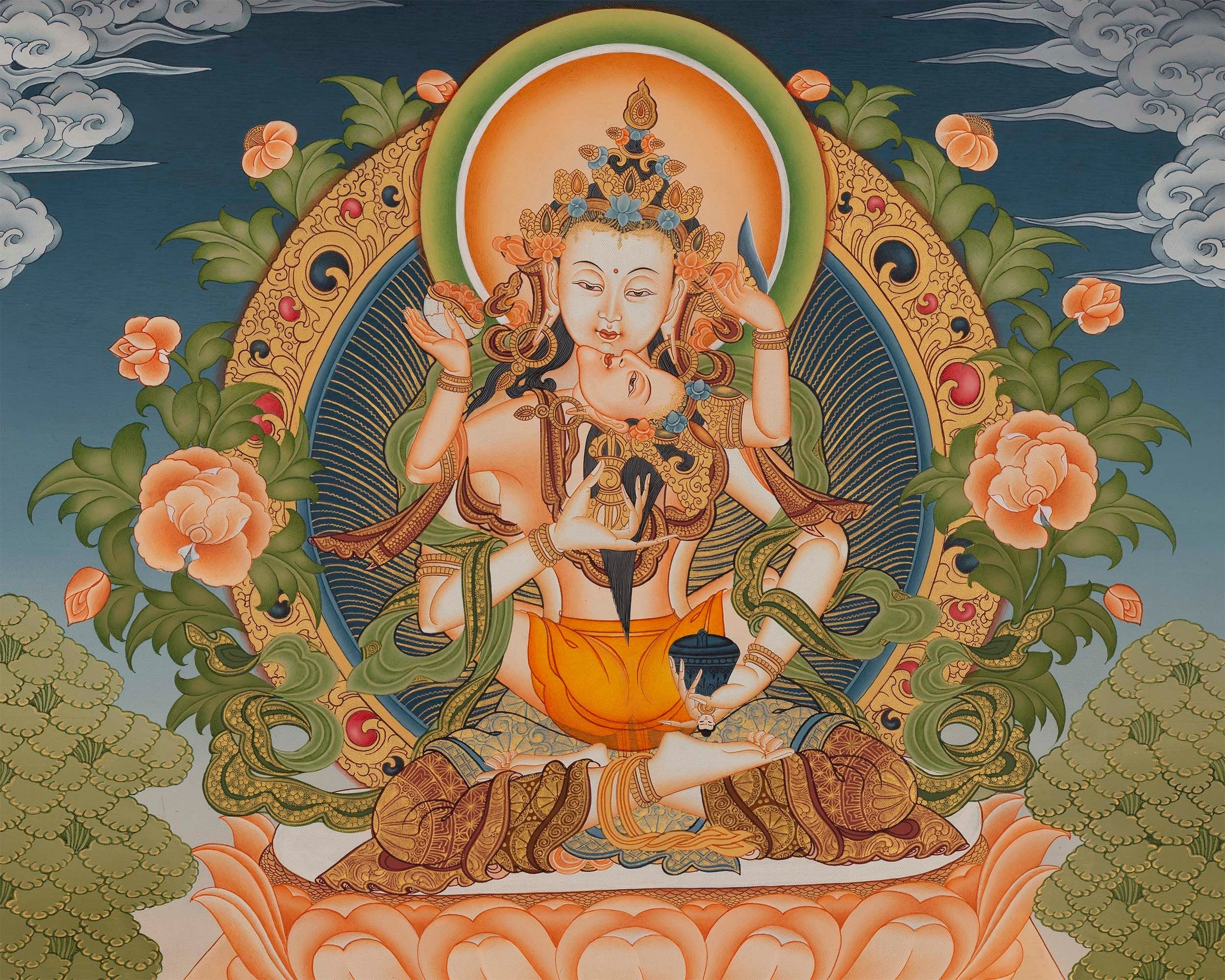 Vajrasattva Yab Yum Thangka | Buddhist Thanka Painting For Shrine Altar