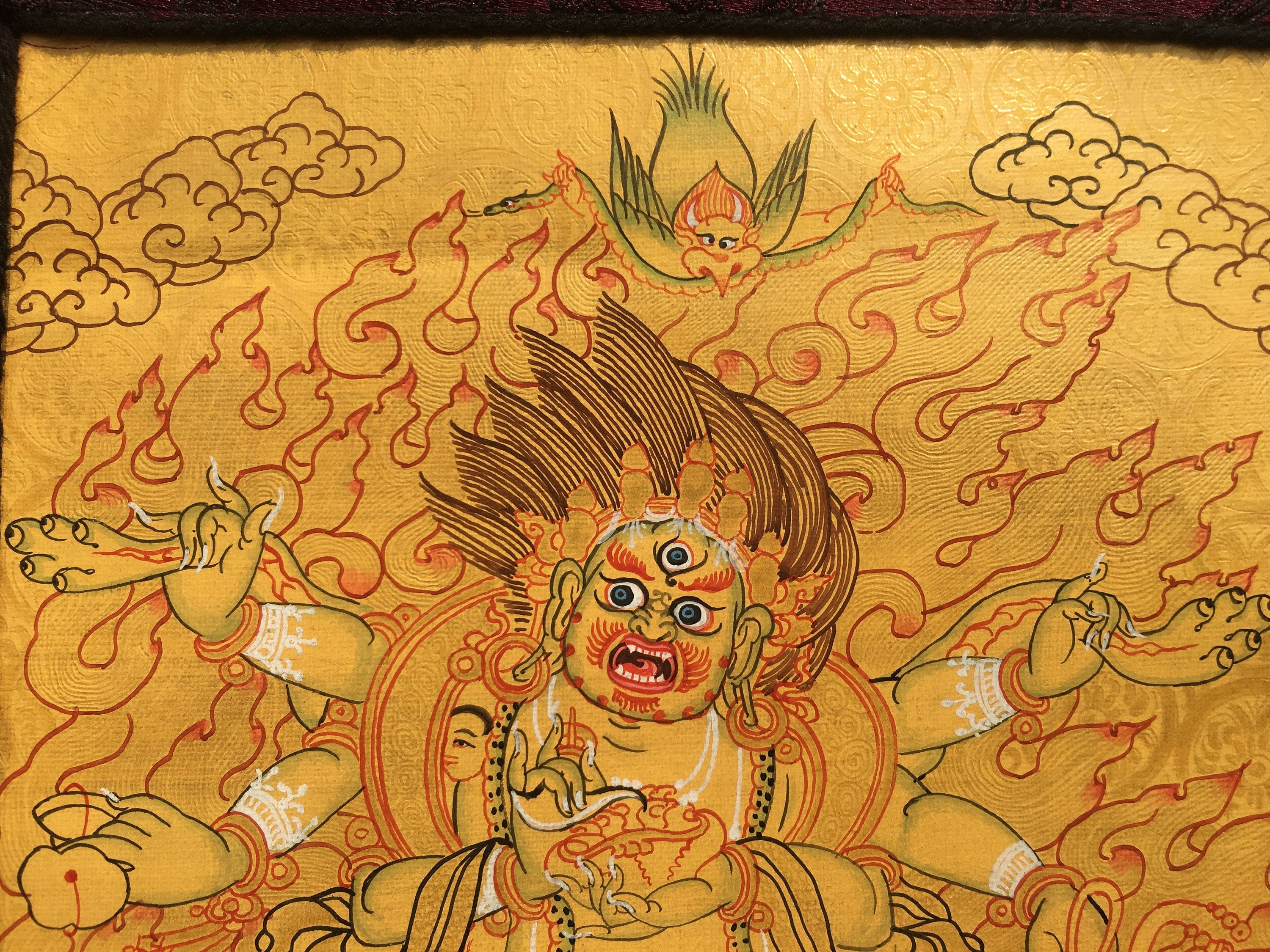 Six- Armed Mahakala| Hand Painted Buddhist Art | Brocade Mounted | Small Size Buddhist Painting for wall decoration and alter space