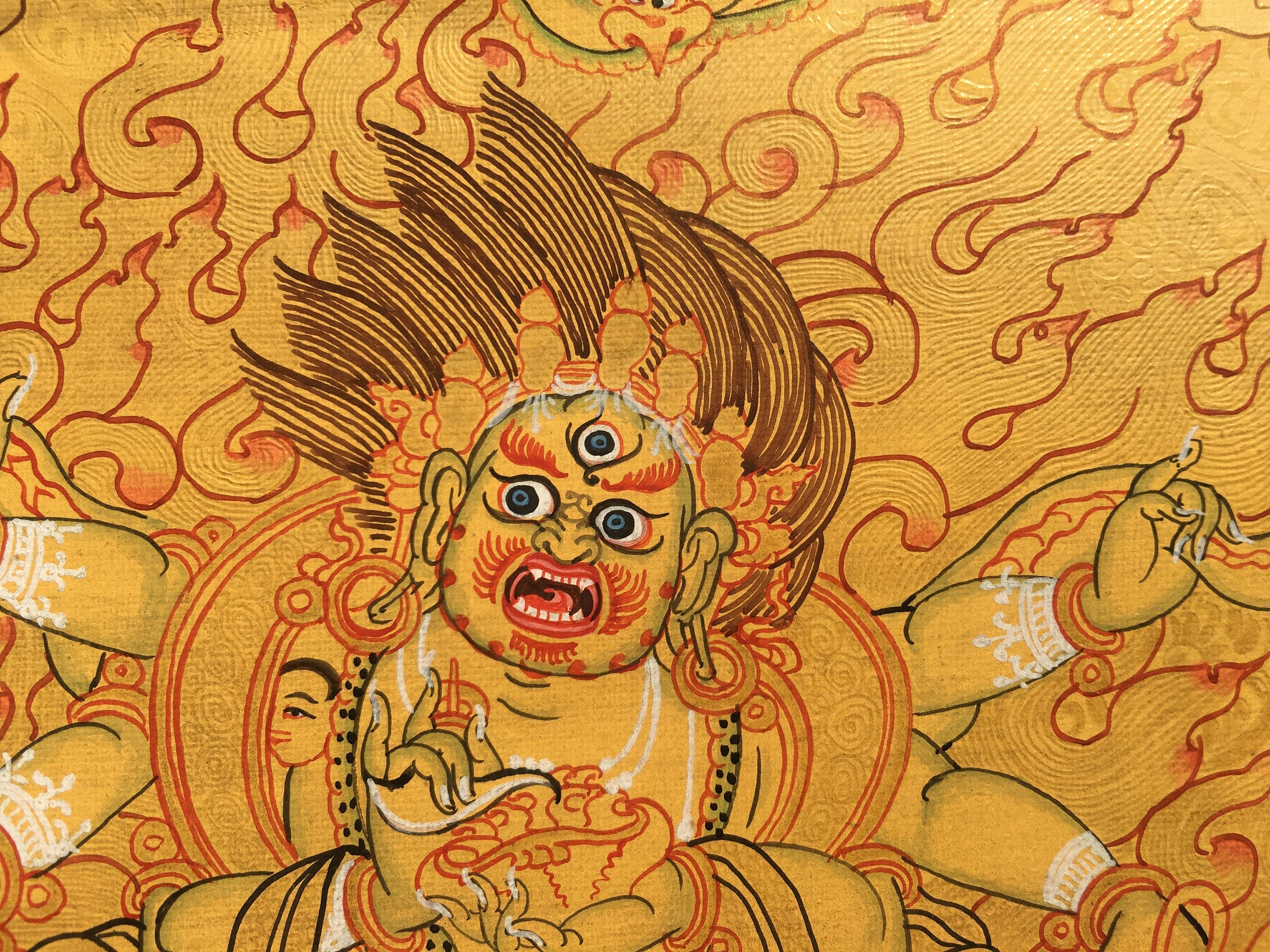 Six- Armed Mahakala| Hand Painted Buddhist Art | Brocade Mounted | Small Size Buddhist Painting for wall decoration and alter space