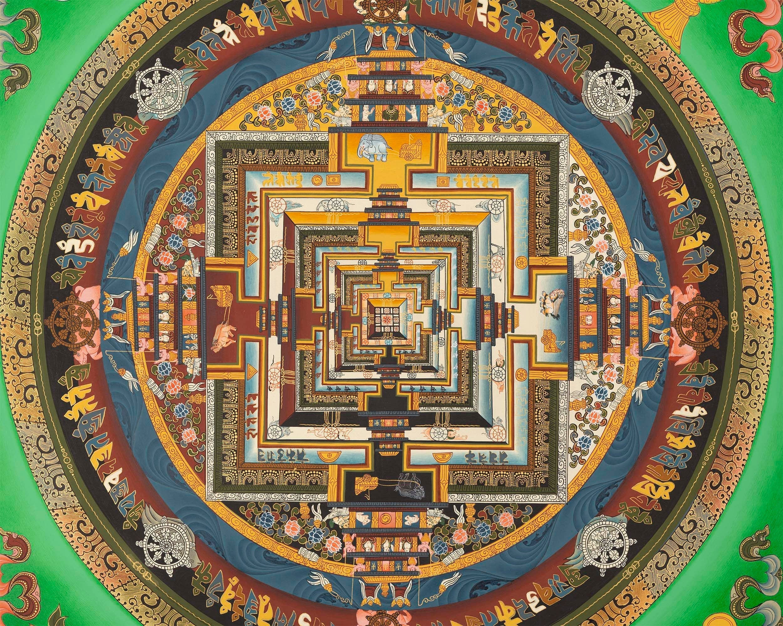 Green Kalachakra Mandala Thangka | Tibetan Buddhist Artwork | Wall Hanging Decoration