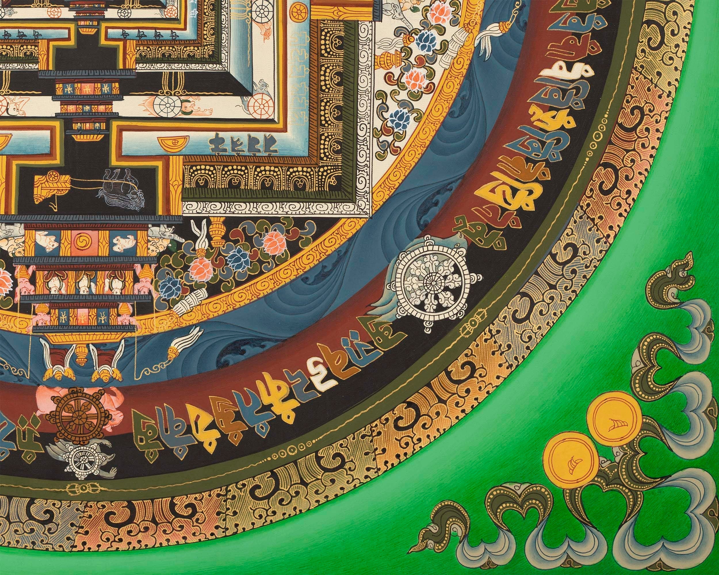 Green Kalachakra Mandala Thangka | Tibetan Buddhist Artwork | Wall Hanging Decoration