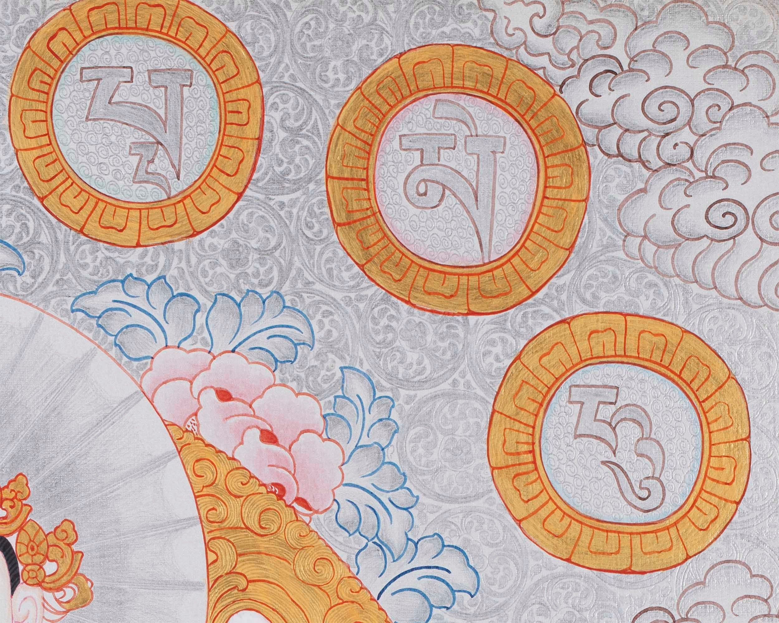 Bodhisattva Chenrezig | 4 Armed Chengrezig Thangka Painting with Om Mani Padme Hum Mantra