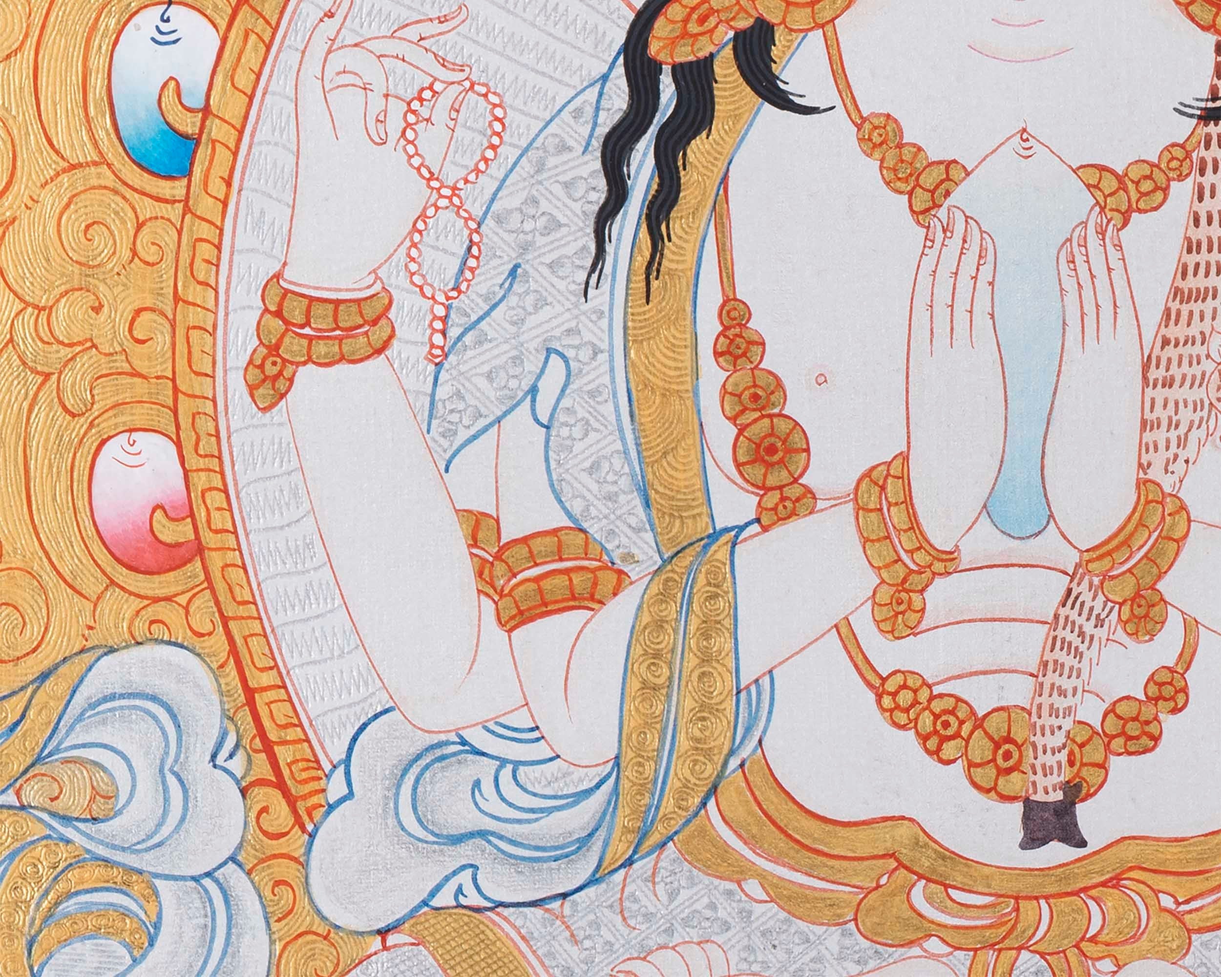 Bodhisattva Chenrezig | 4 Armed Chengrezig Thangka Painting with Om Mani Padme Hum Mantra