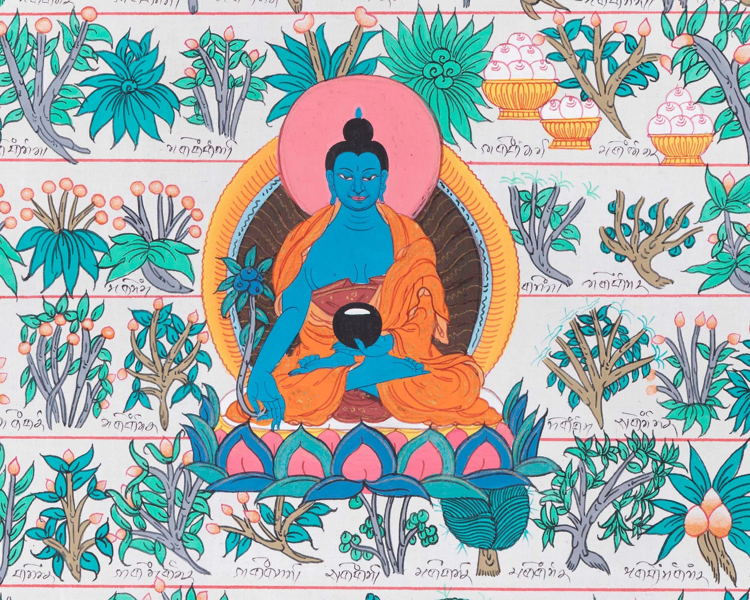 Tibetan Medicinal Herbs and Plants Thangka | Medicinal Painting