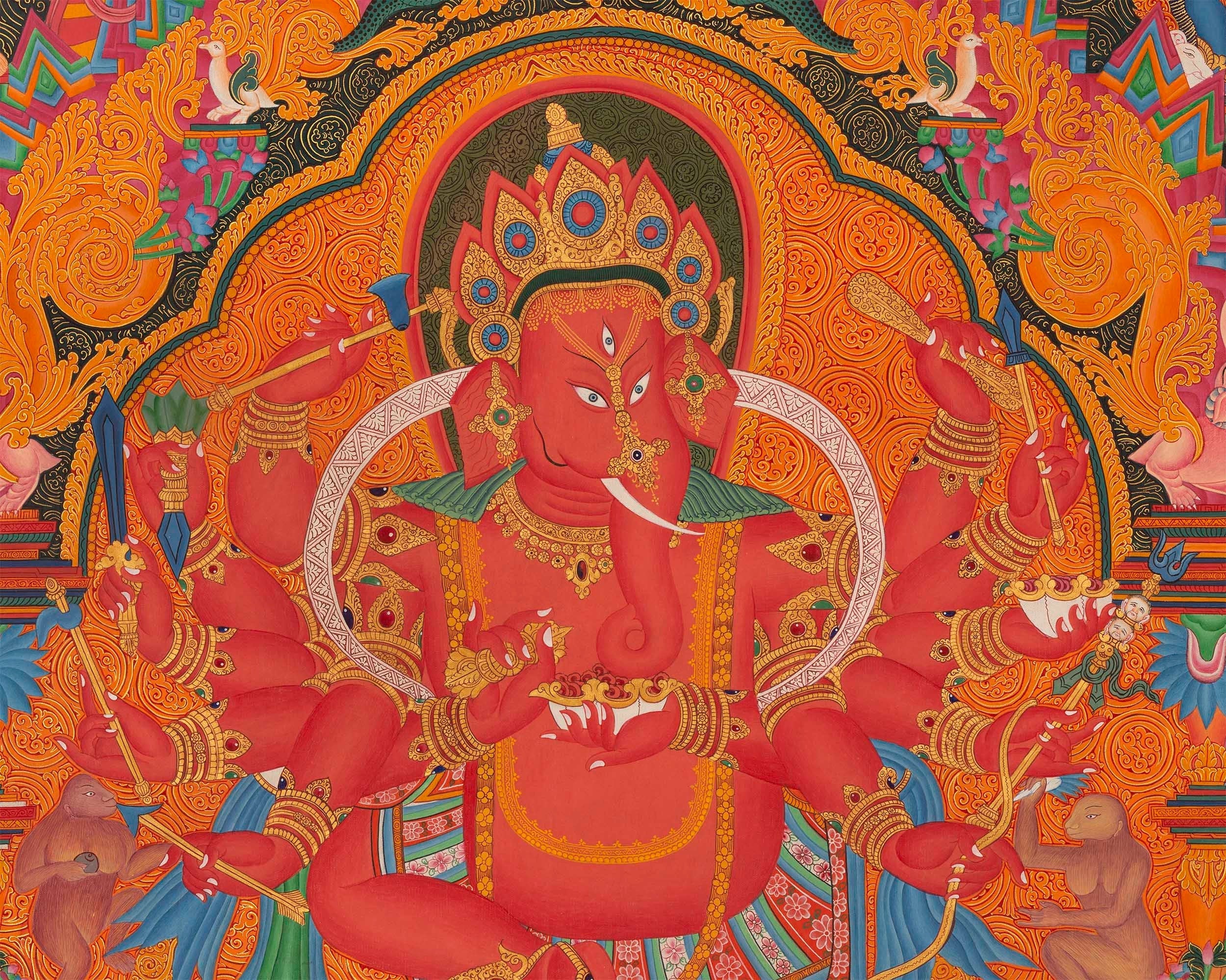 Ganapati Thangka Painting | Handmade Buddhist Sakya Red Ganesha