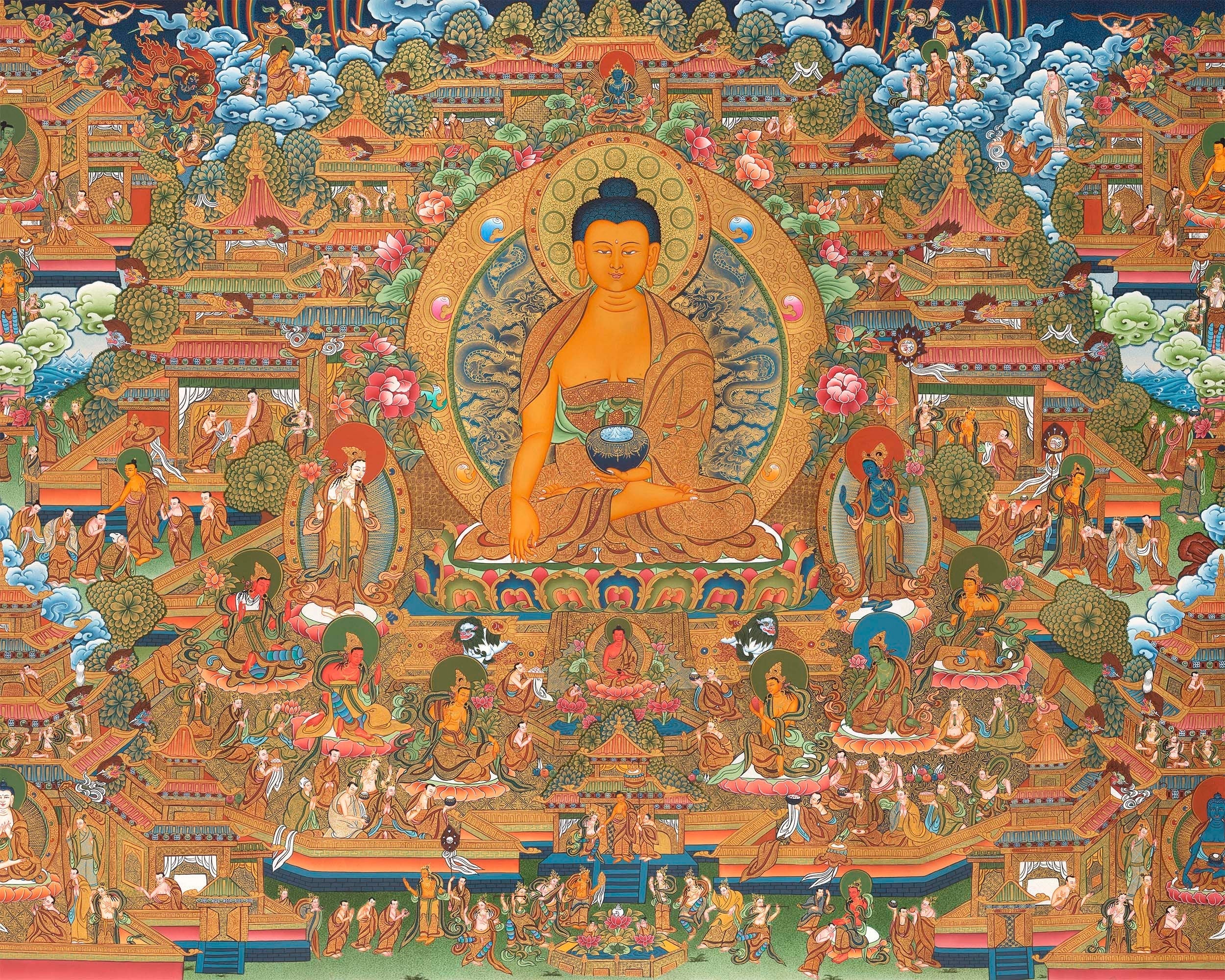 Traditional Shakyamuni Buddha Thangka | Large Traditional Panoramic Wall Art To Aid Meditation Yoga | 24 K Gold Artwork
