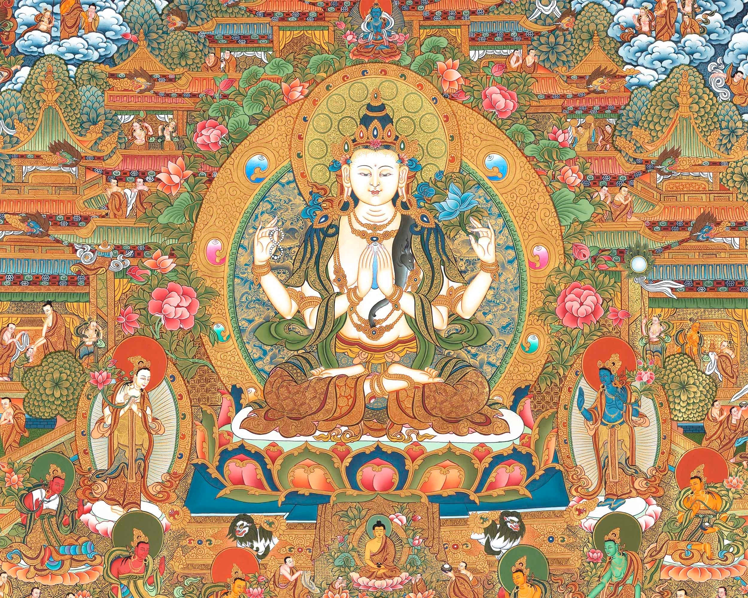 Traditional 4 Armed Chengrezig Buddha | Horizontal Original Thangka Painting | 24K Gold Work
