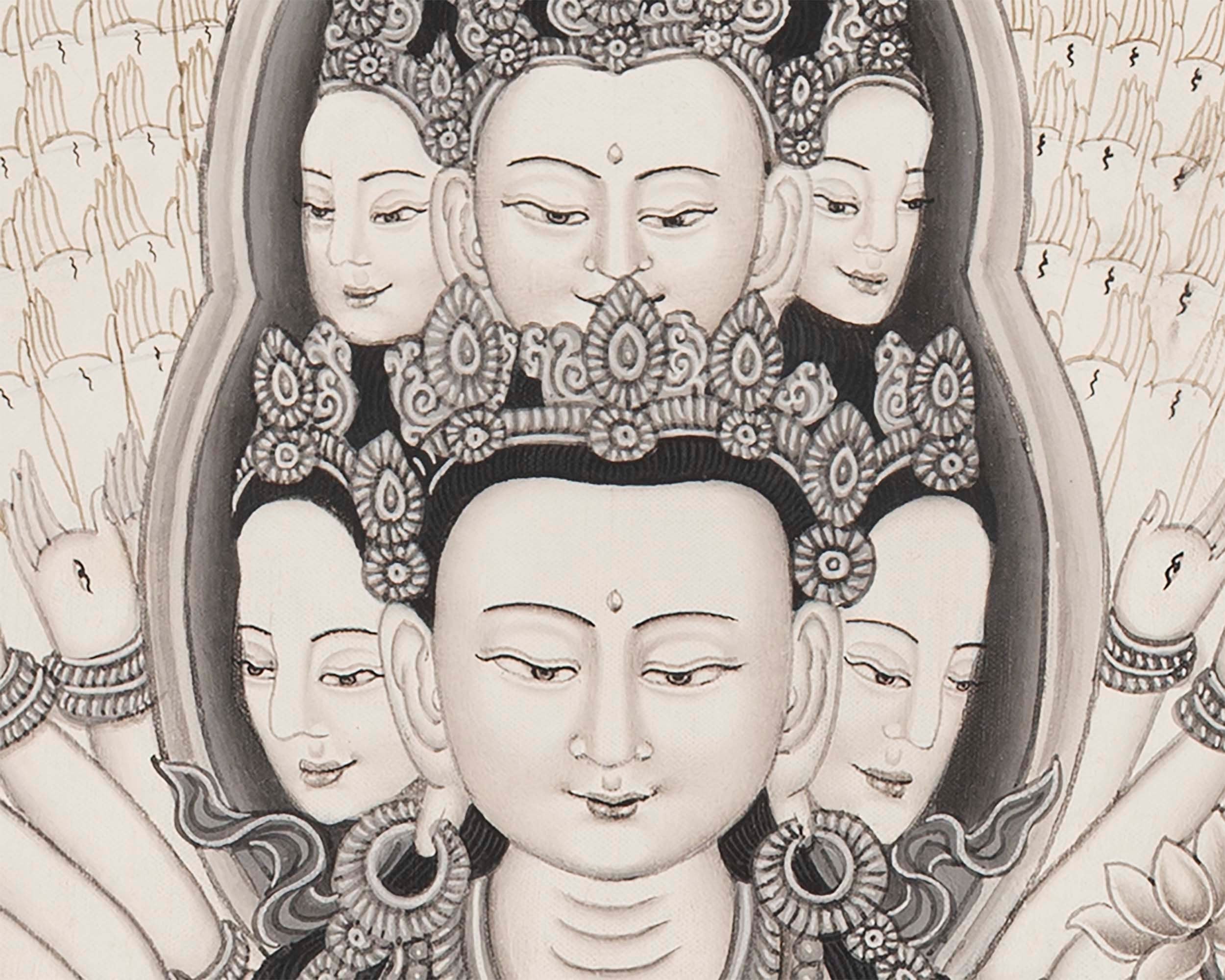 Avalokiteshvara Bodhisattva | Black White Painting Thangka