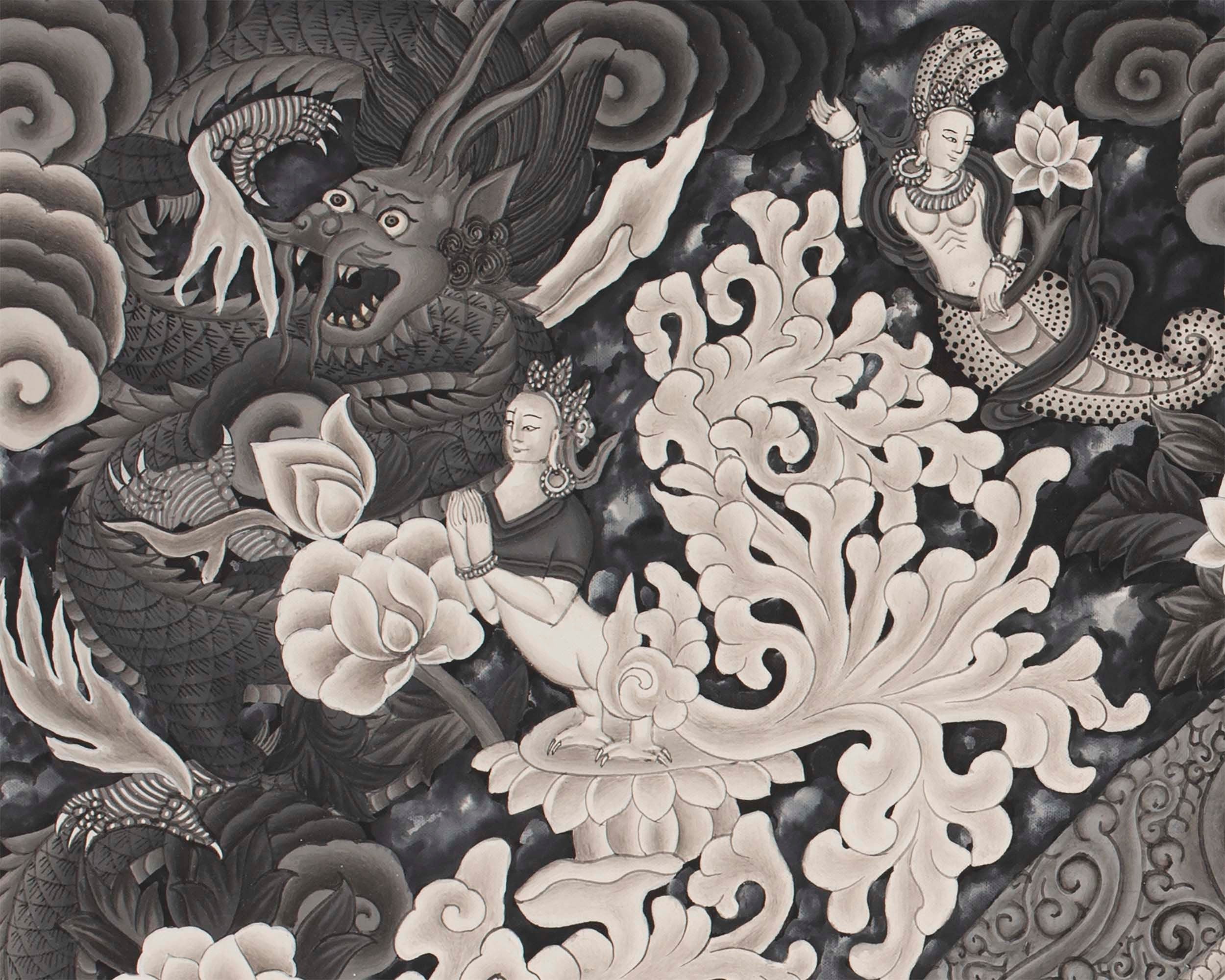 Avalokiteshvara Bodhisattva | Black White Painting Thangka