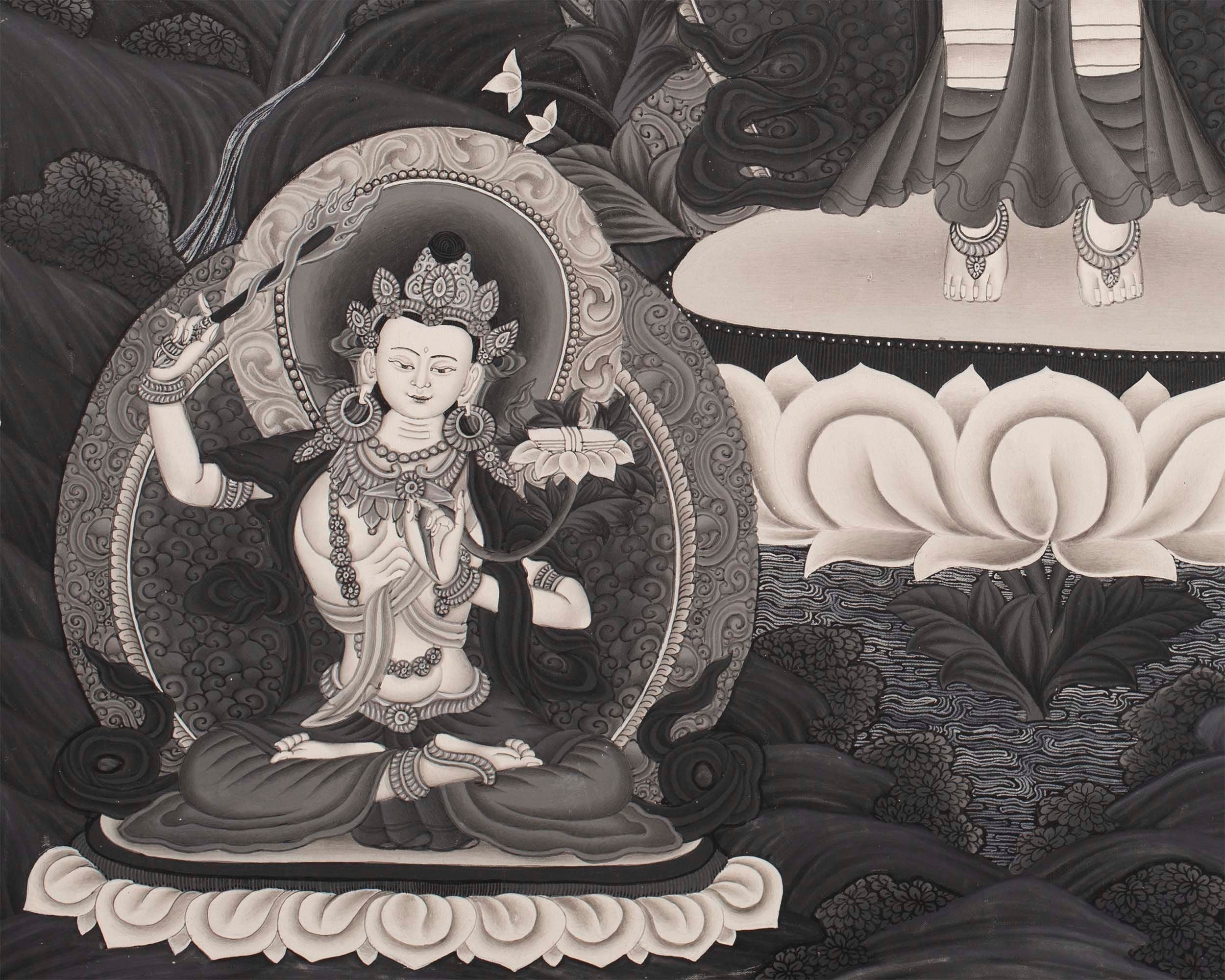 Avalokiteshvara Bodhisattva | Black White Painting Thangka