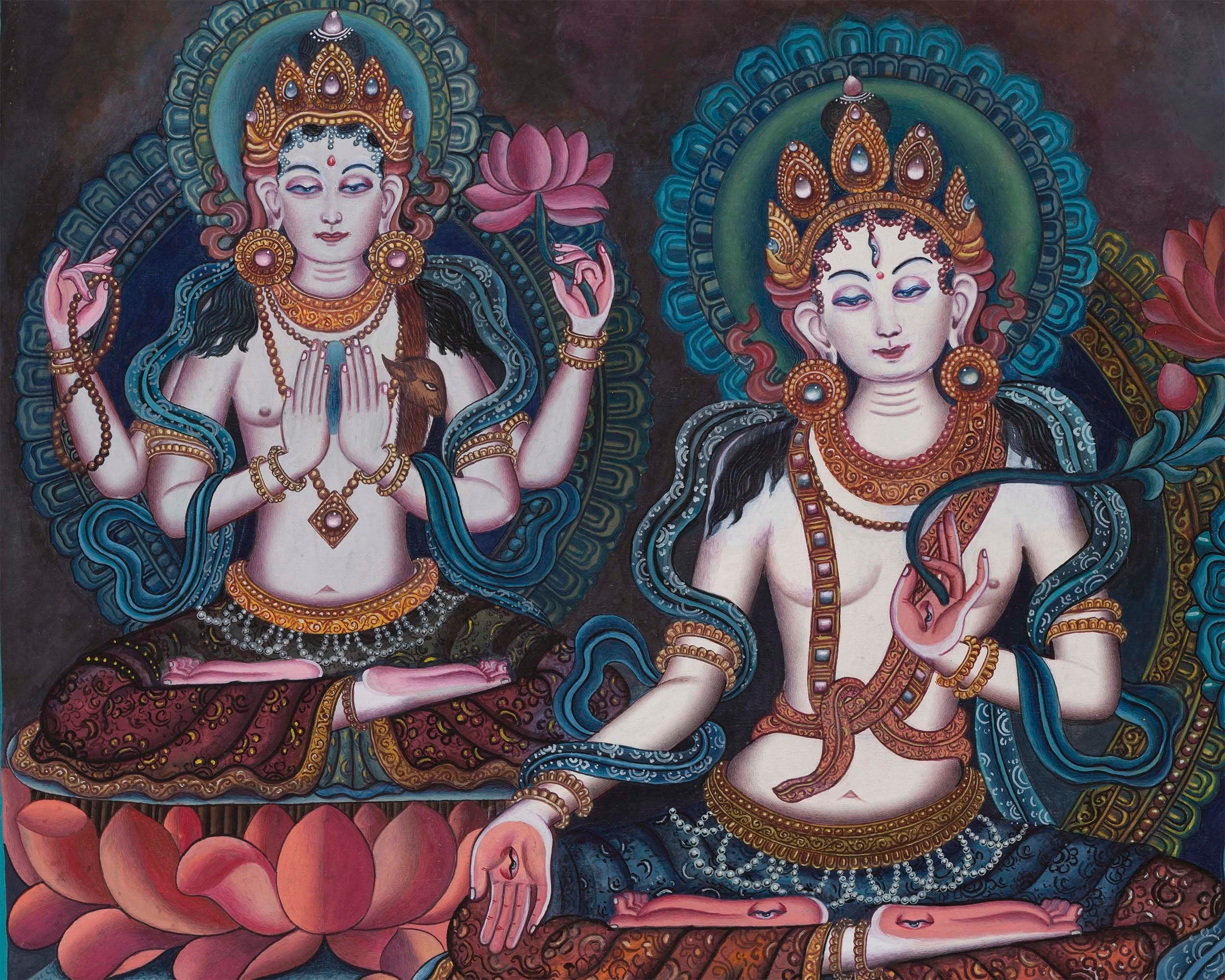 Handpainted Boddhisattvas Thangka | Chenrezig, White, and Green Tara | Artwork