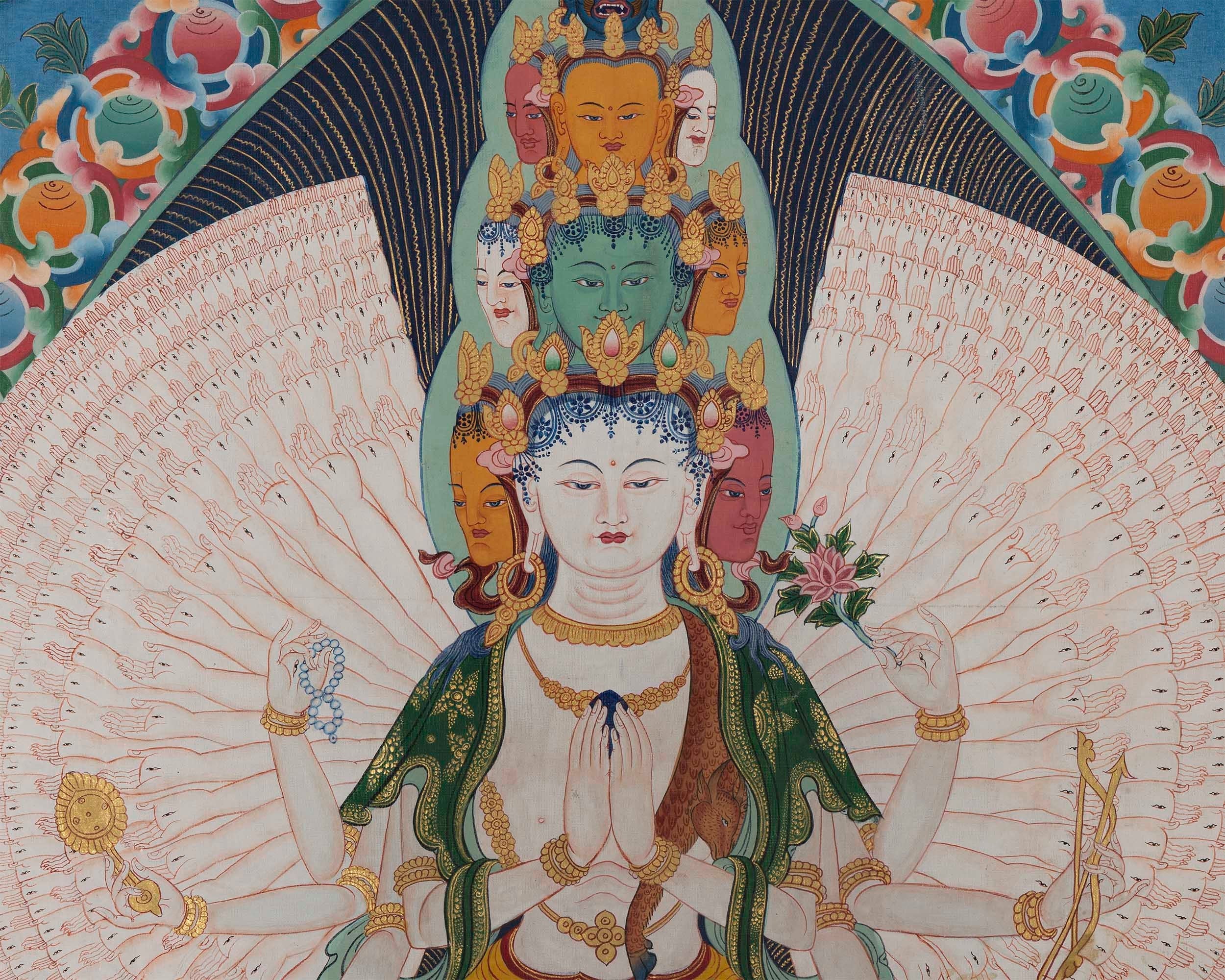Vintage Avalokiteshvara Thangka | Manjushree, Vajrapani, White & Green Tara