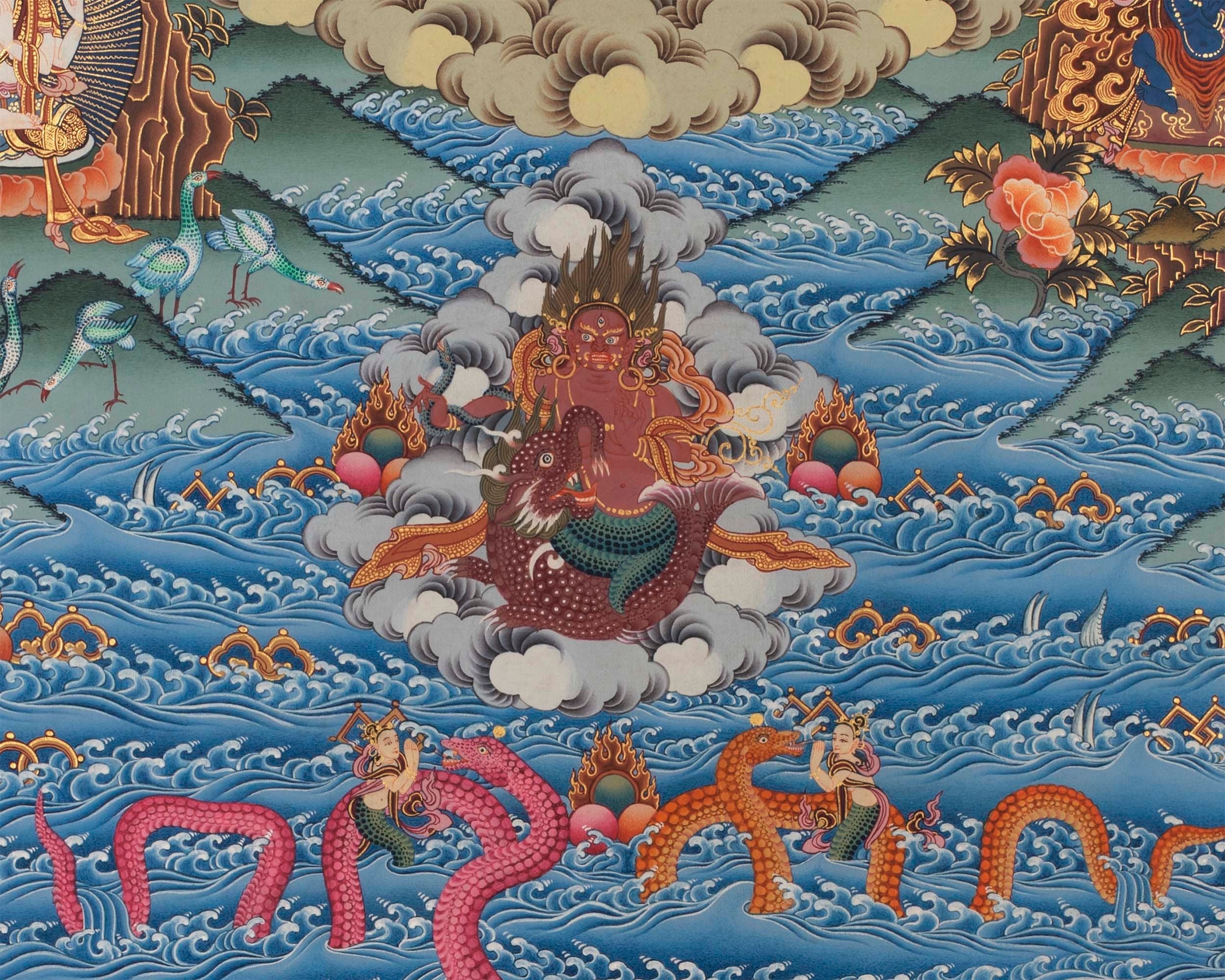 Manjushri and Kathmandu | Swayambhu Folk Lore Representation | Vintage Thangka Painting