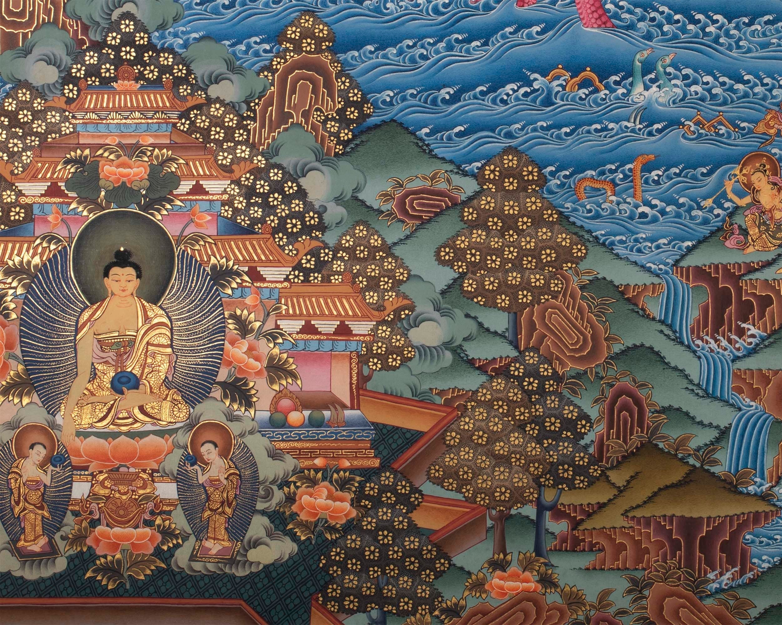 Manjushri and Kathmandu | Swayambhu Folk Lore Representation | Vintage Thangka Painting