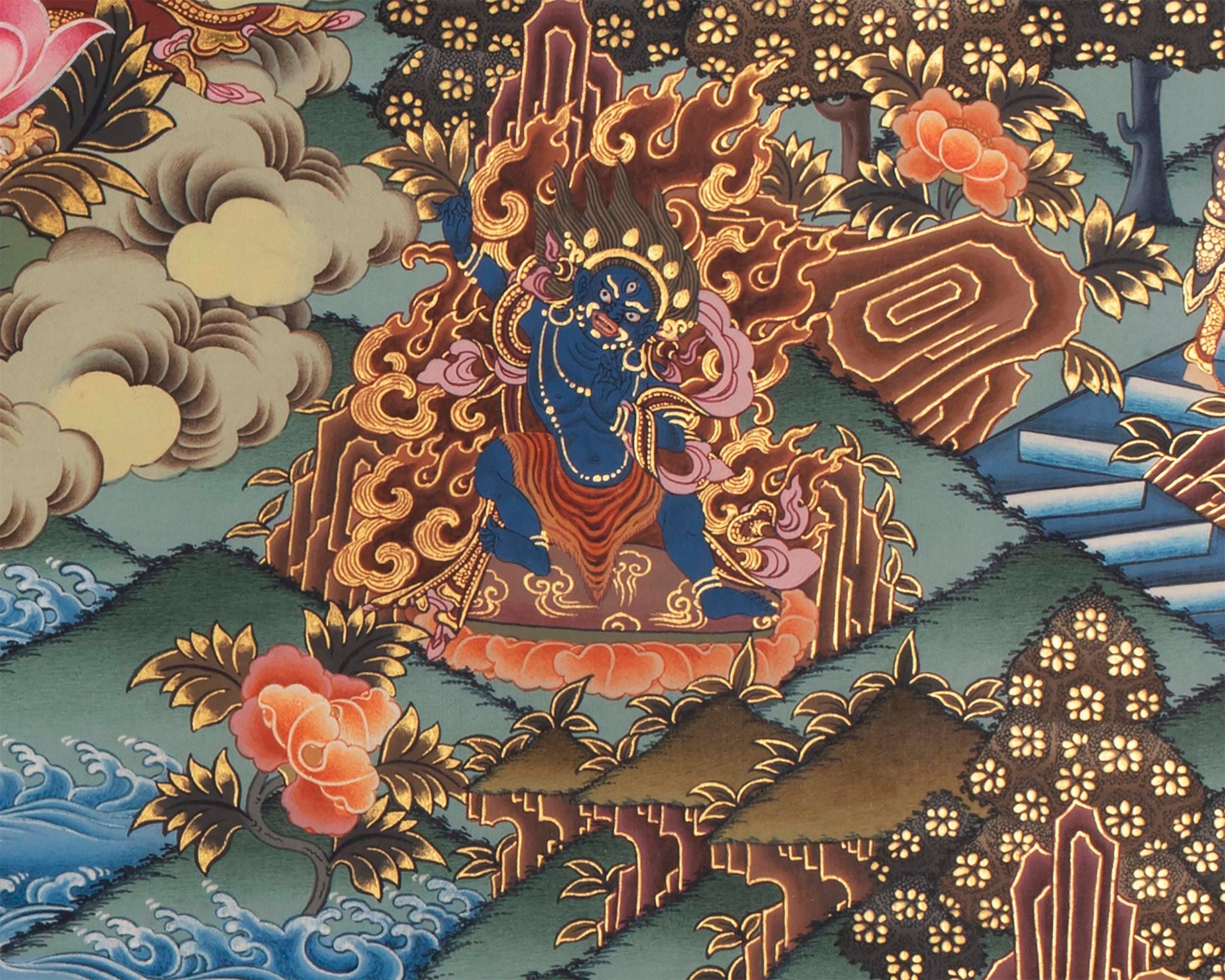 Manjushri and Kathmandu | Swayambhu Folk Lore Representation | Vintage Thangka Painting