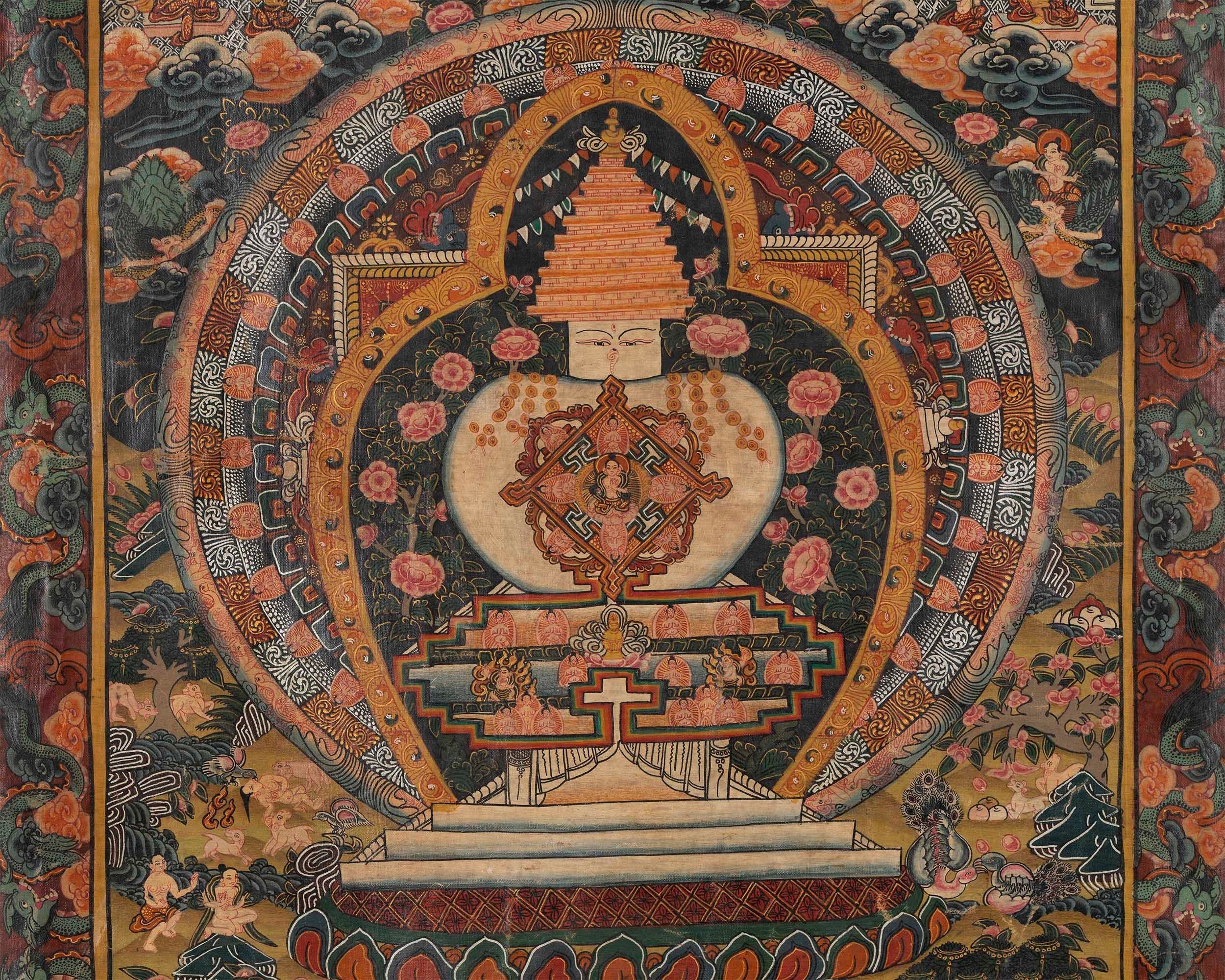Stupa Thangka | Vintage Original hand painted Buddhist Art with brocade