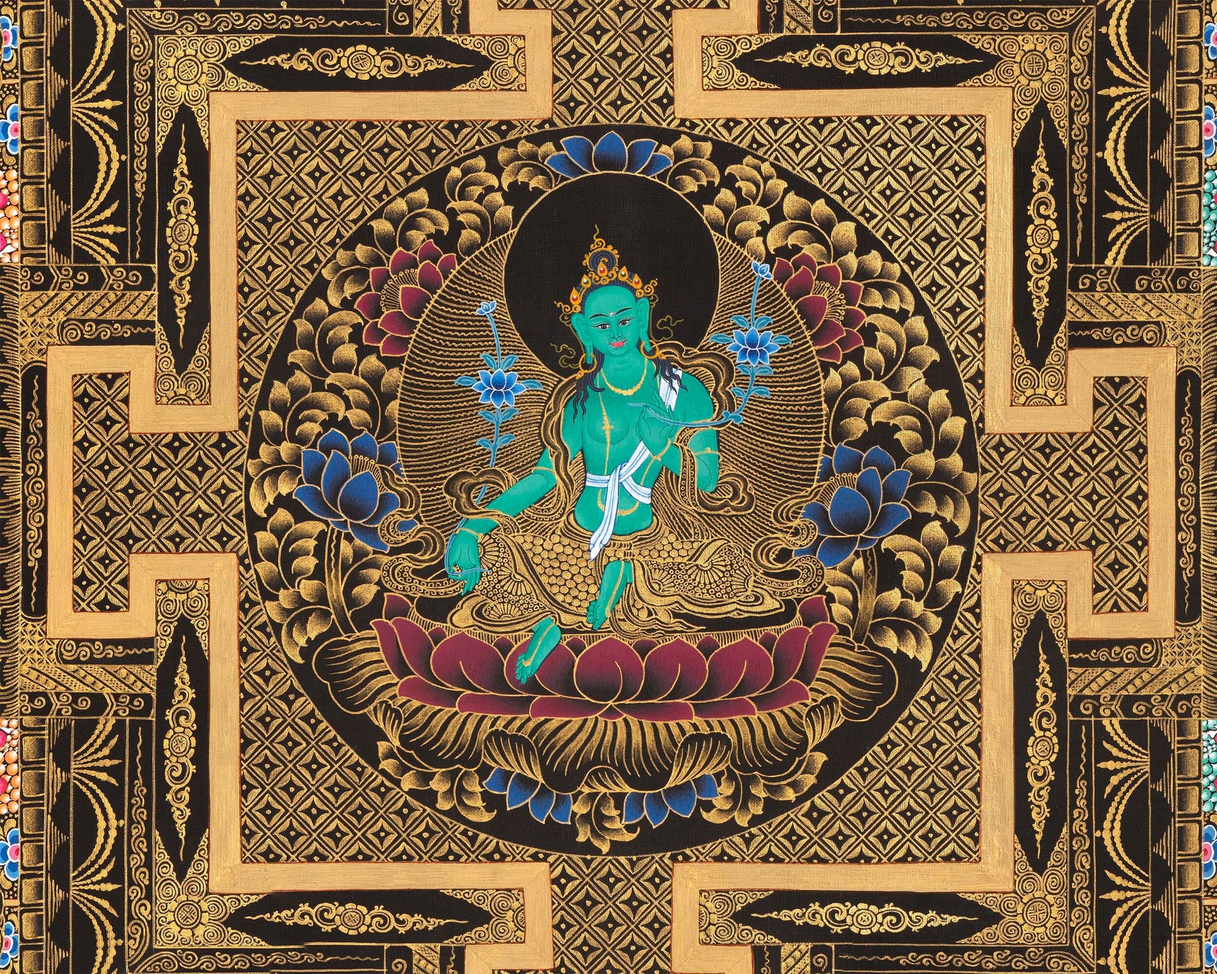 Green Tara Mandala Thangka | Wheel Of Time | Wall Hanging Religious Decor