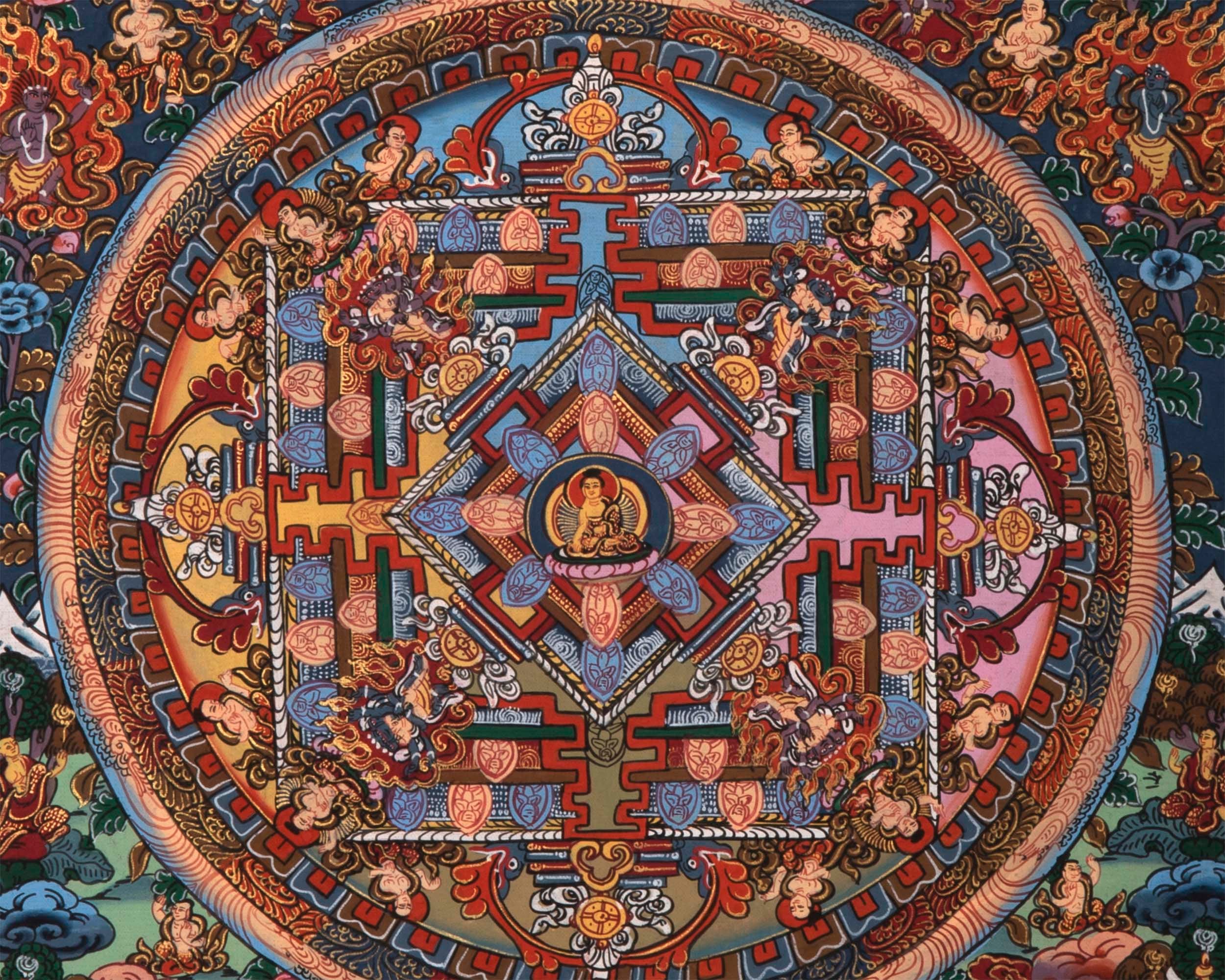 Gold Buddha Mandala Thangka | Original Hand Painted Small Sized Buddhist Thangka | Tibetan Wall Decoration Painting | 43x33 CMS